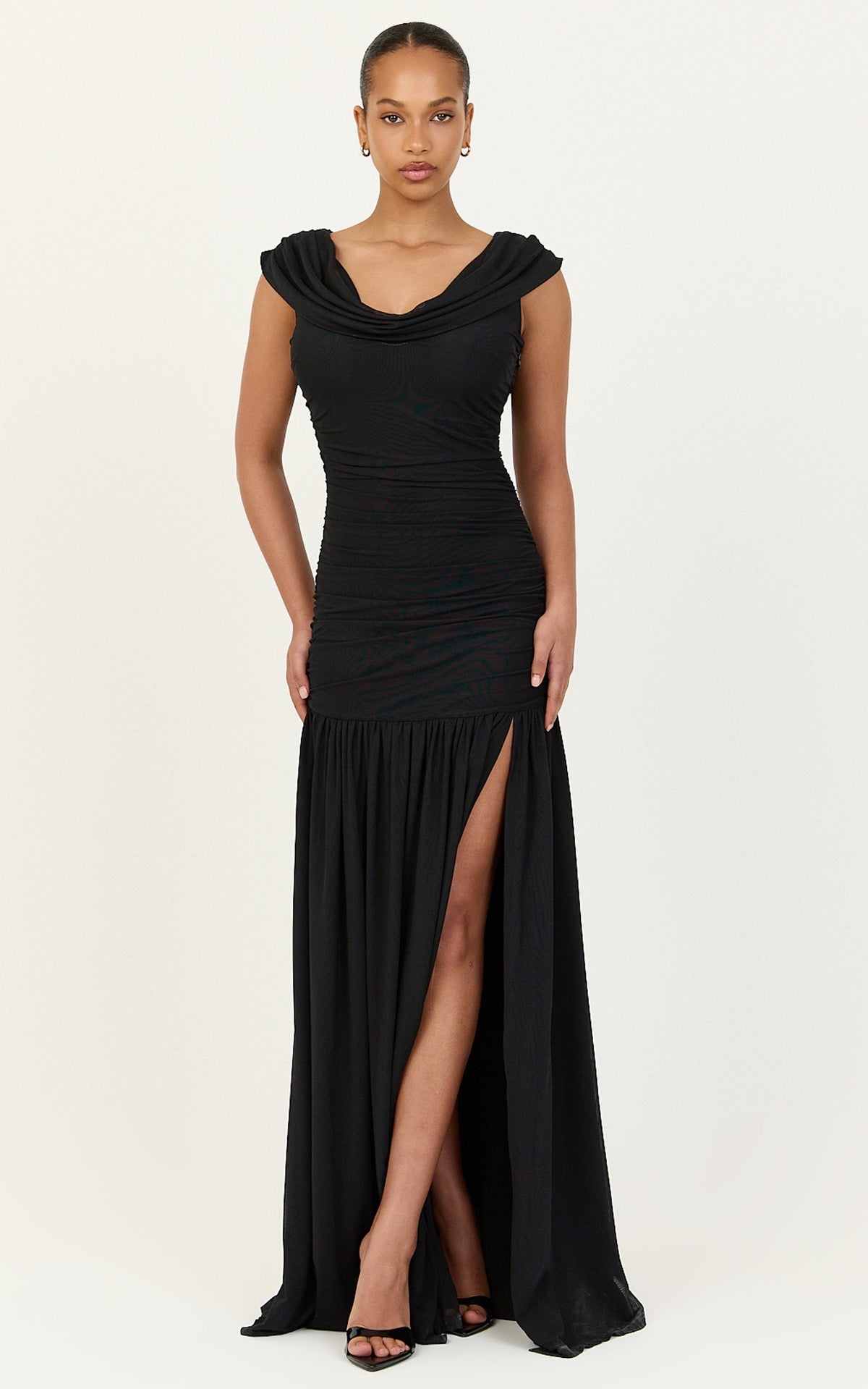 Lume Maxi Dress - Cowl Neck Ruched Dress With Drop Waist And Tie Detail in Black