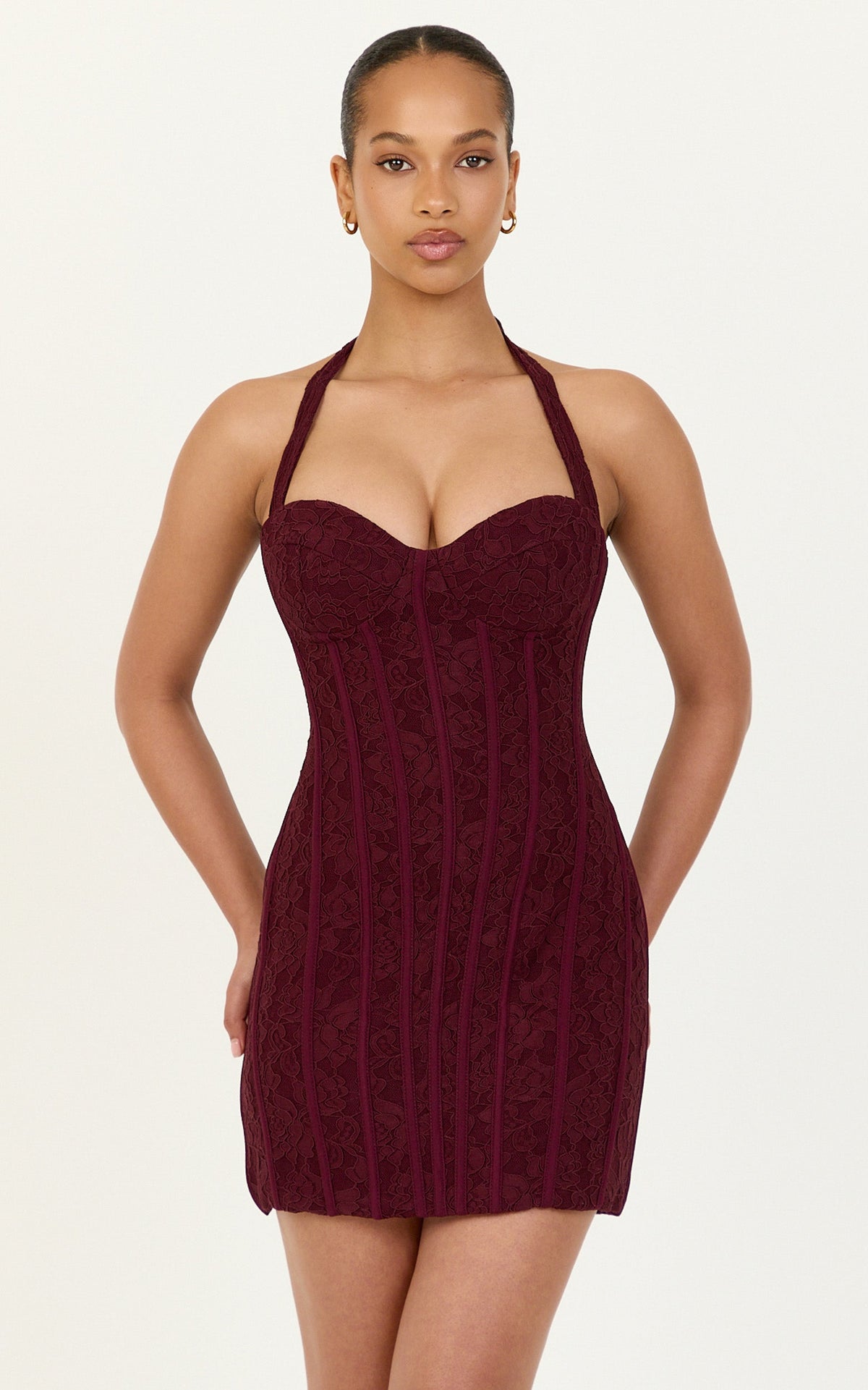 Malia Mini Dress - Lace Corset Halter Dress With Lace Up Back And Sweetheart Neck in Wine
