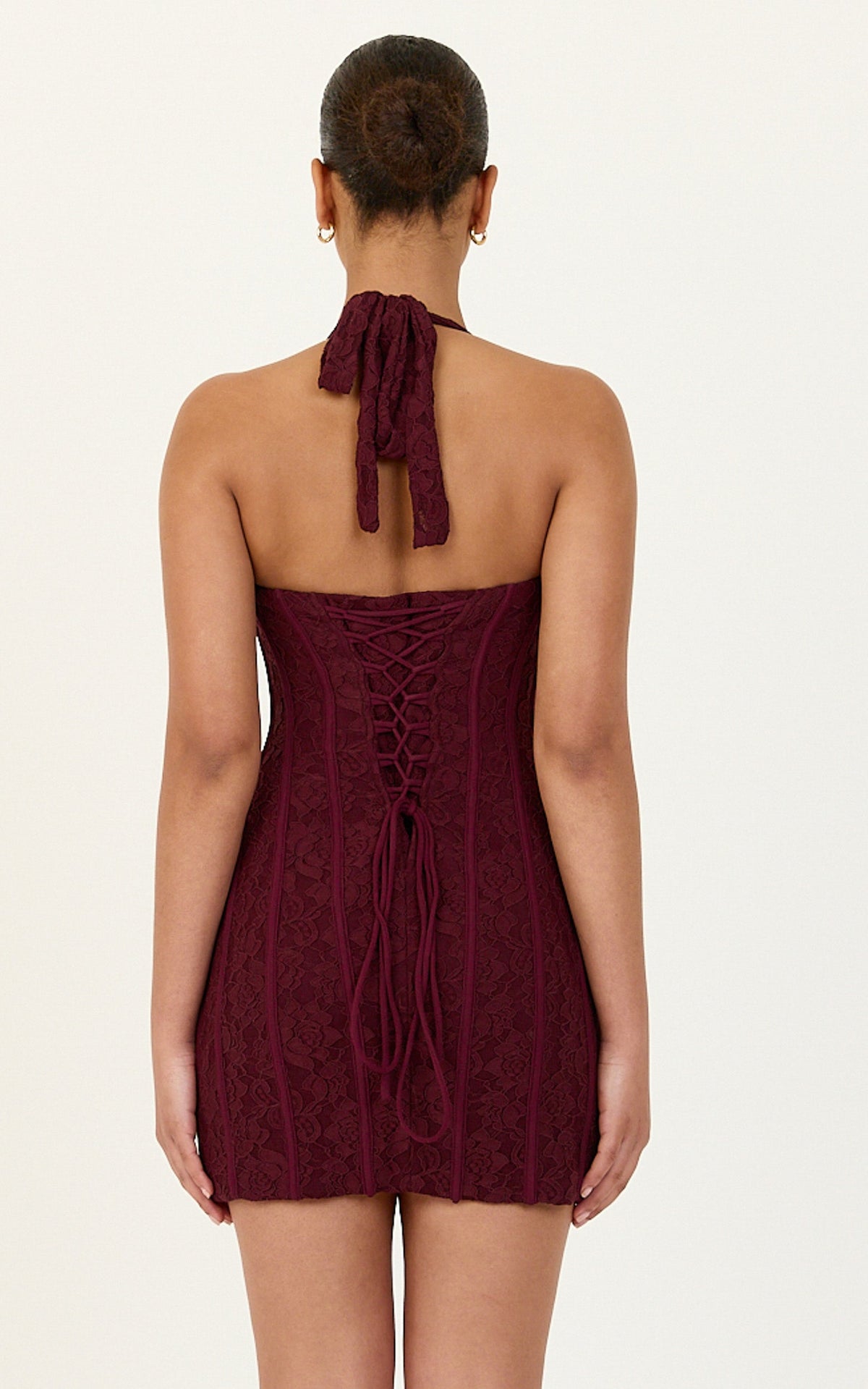 Malia Mini Dress - Lace Corset Halter Dress With Lace Up Back And Sweetheart Neck in Wine