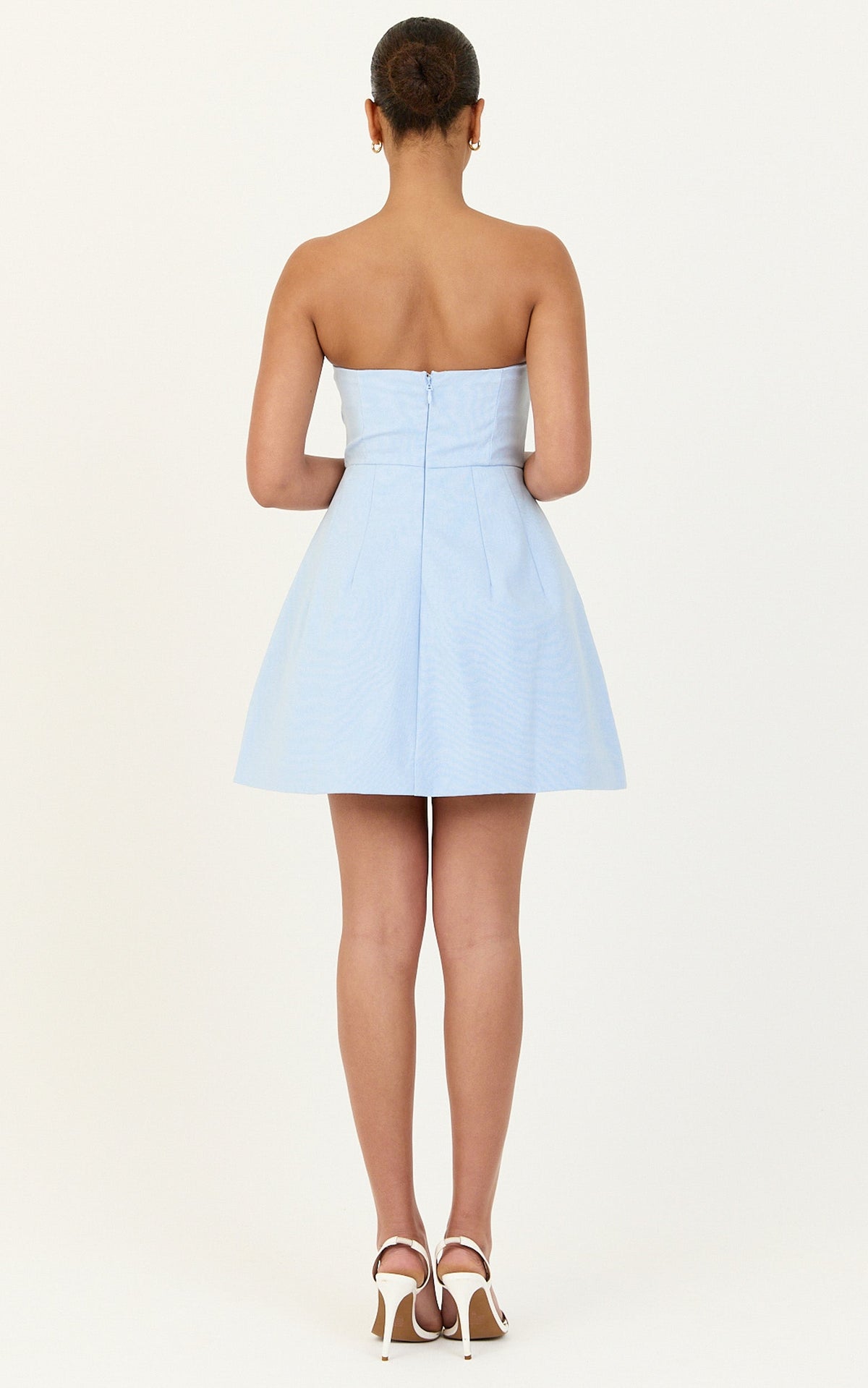 Chika Mini Dress - Linen Strapless Front Bow Dress in Pale Blue