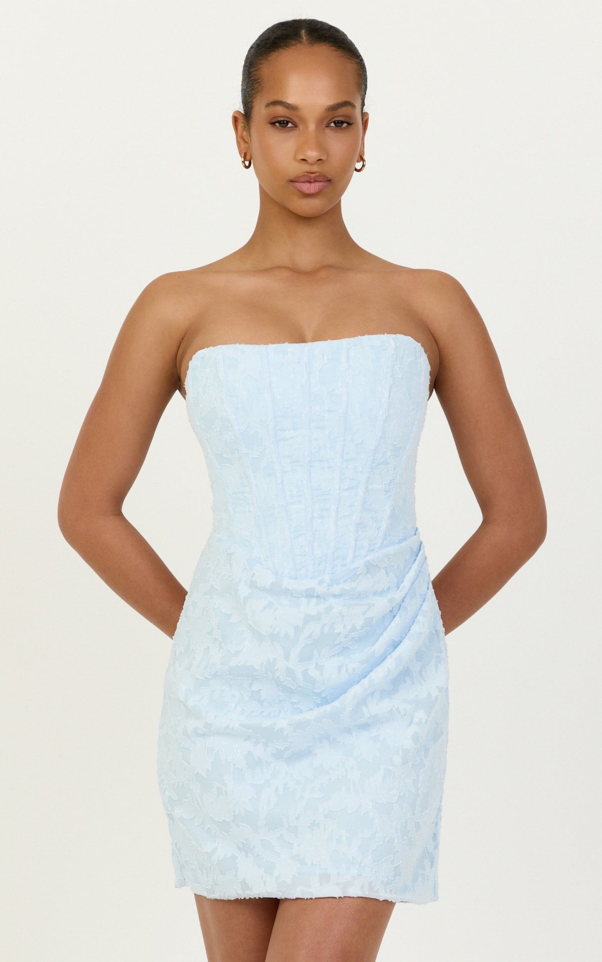 Rachel Mini Dress - Strapless Corset Bodice Draped Skirt Dress in Ice Blue