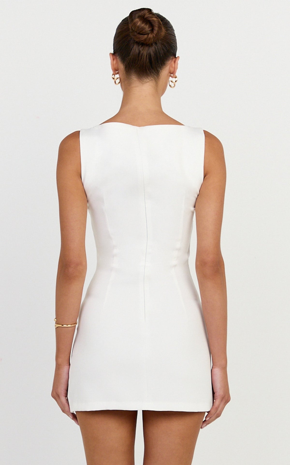 Adela Mini Dress - Mock Button Thru Boat Neck Dress in White
