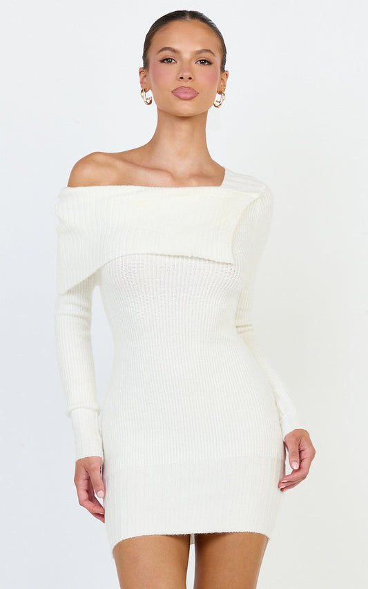 Tess Mini Dress - Asymmetric Off Shoulder Long Sleeve Knit Dress in Cream