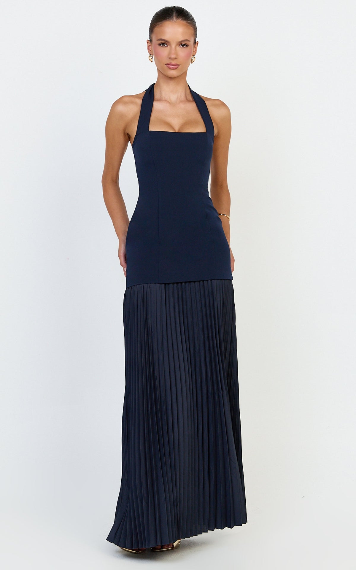 Loretta Maxi Dress - Contrast Halter Neck Pleated Dress in Navy