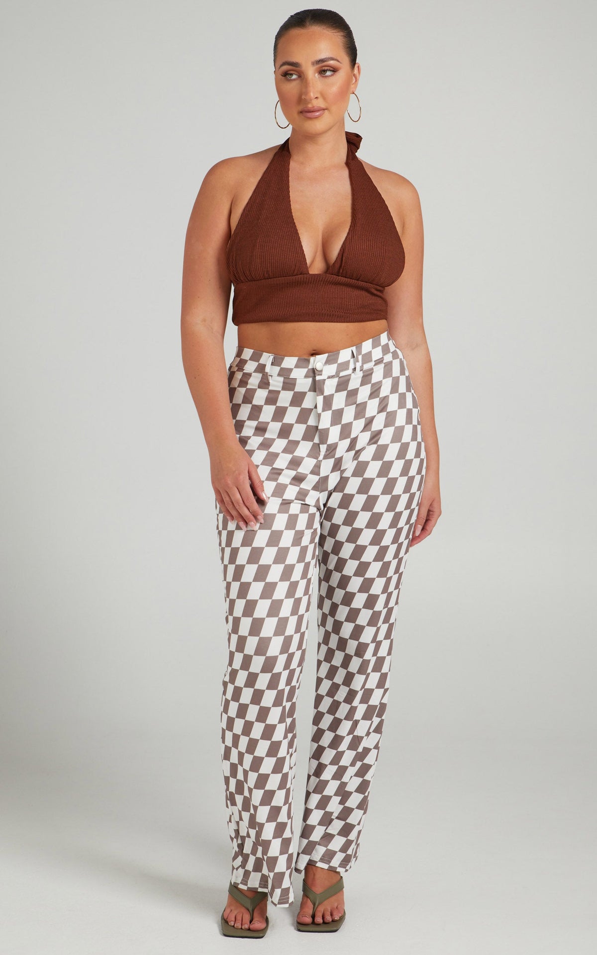 Lenny Pants - Mid Rise Pants in Brown check
