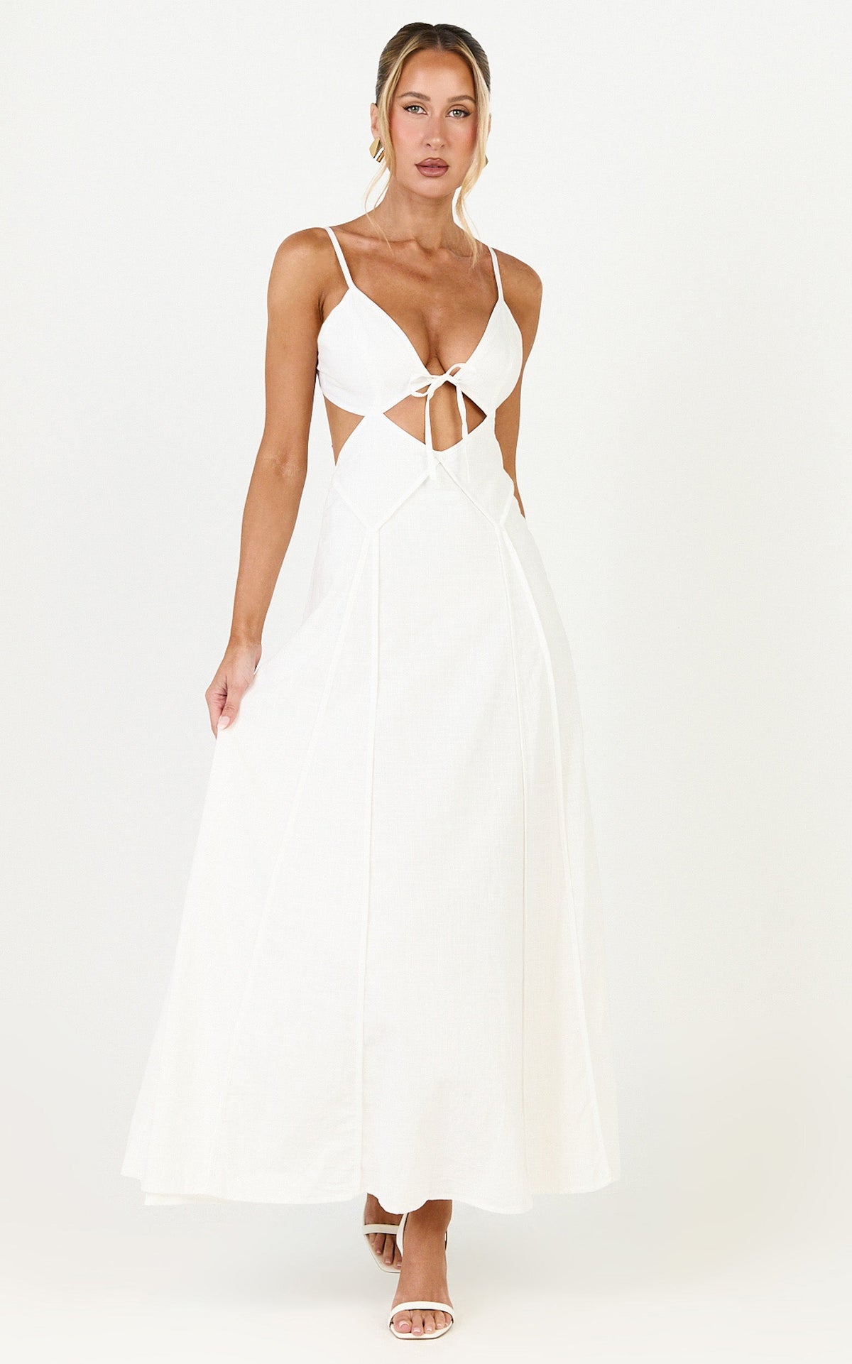 Grace Midi Dress - Strappy Cutaway with Godet Detail Dress in White