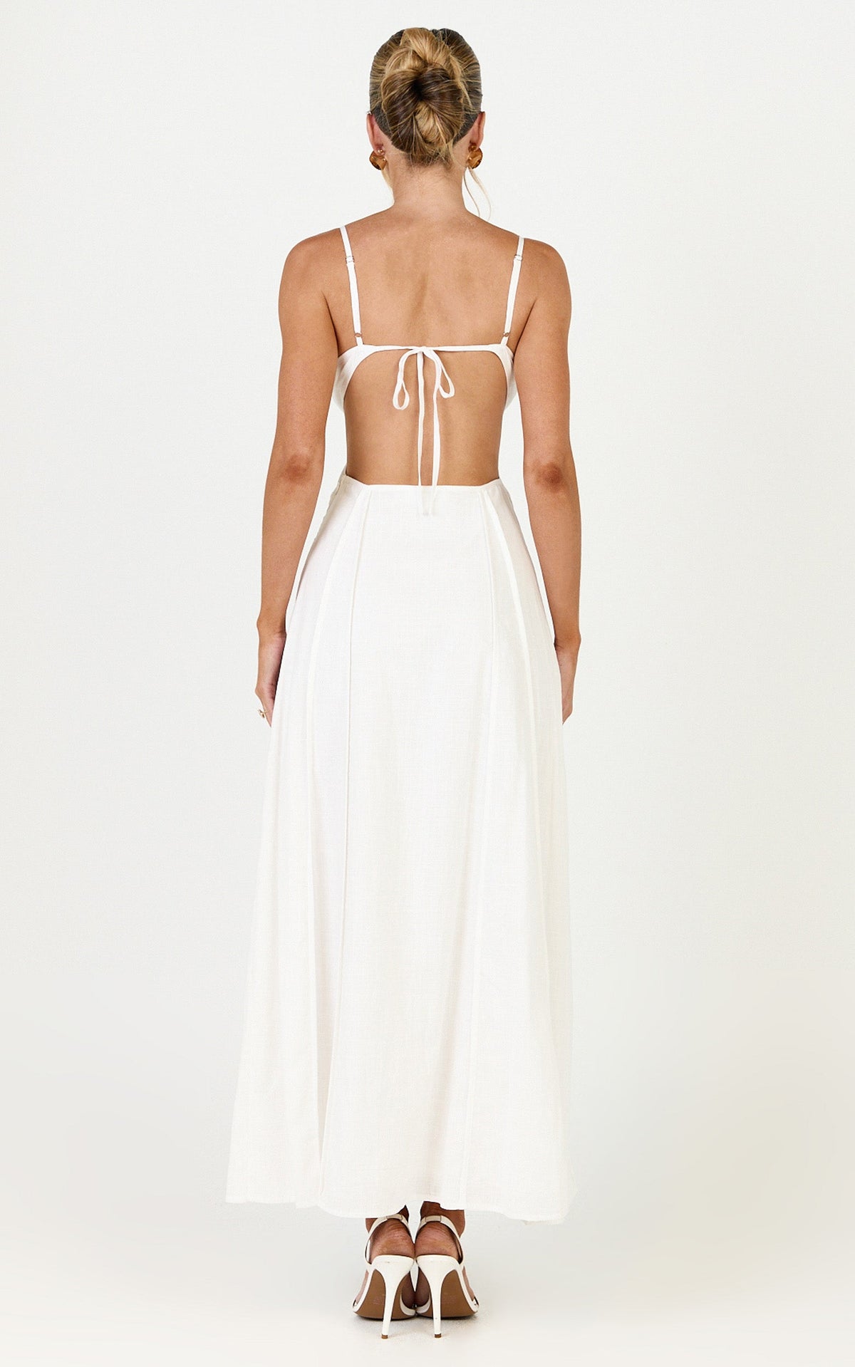 Grace Midi Dress - Strappy Cutaway with Godet Detail Dress in White