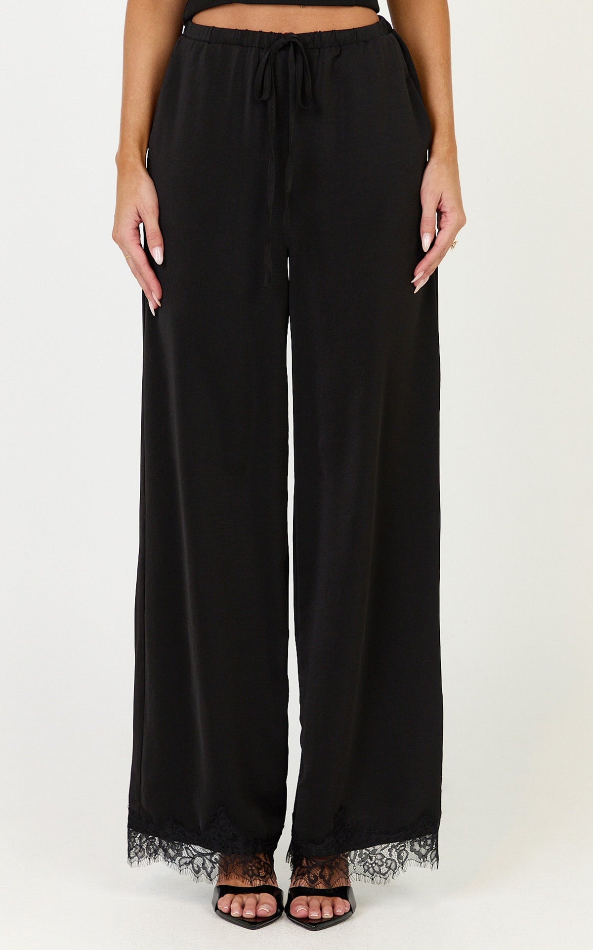 Ava Pants - Mid Waist Relaxed Leg Lace Hem Pants in Black