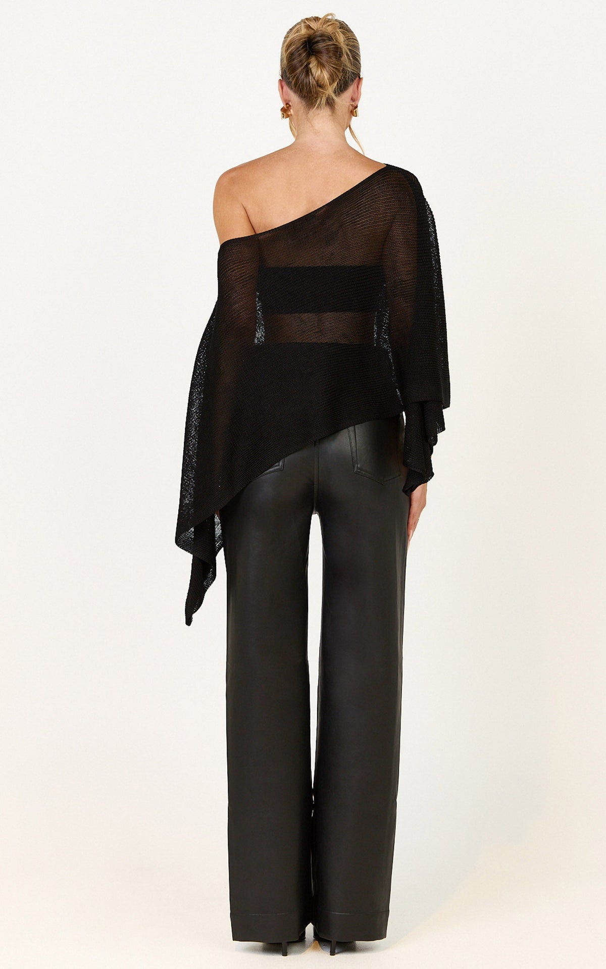Amarie Top - Sheer Knit Off Shoulder Cape Top in Black