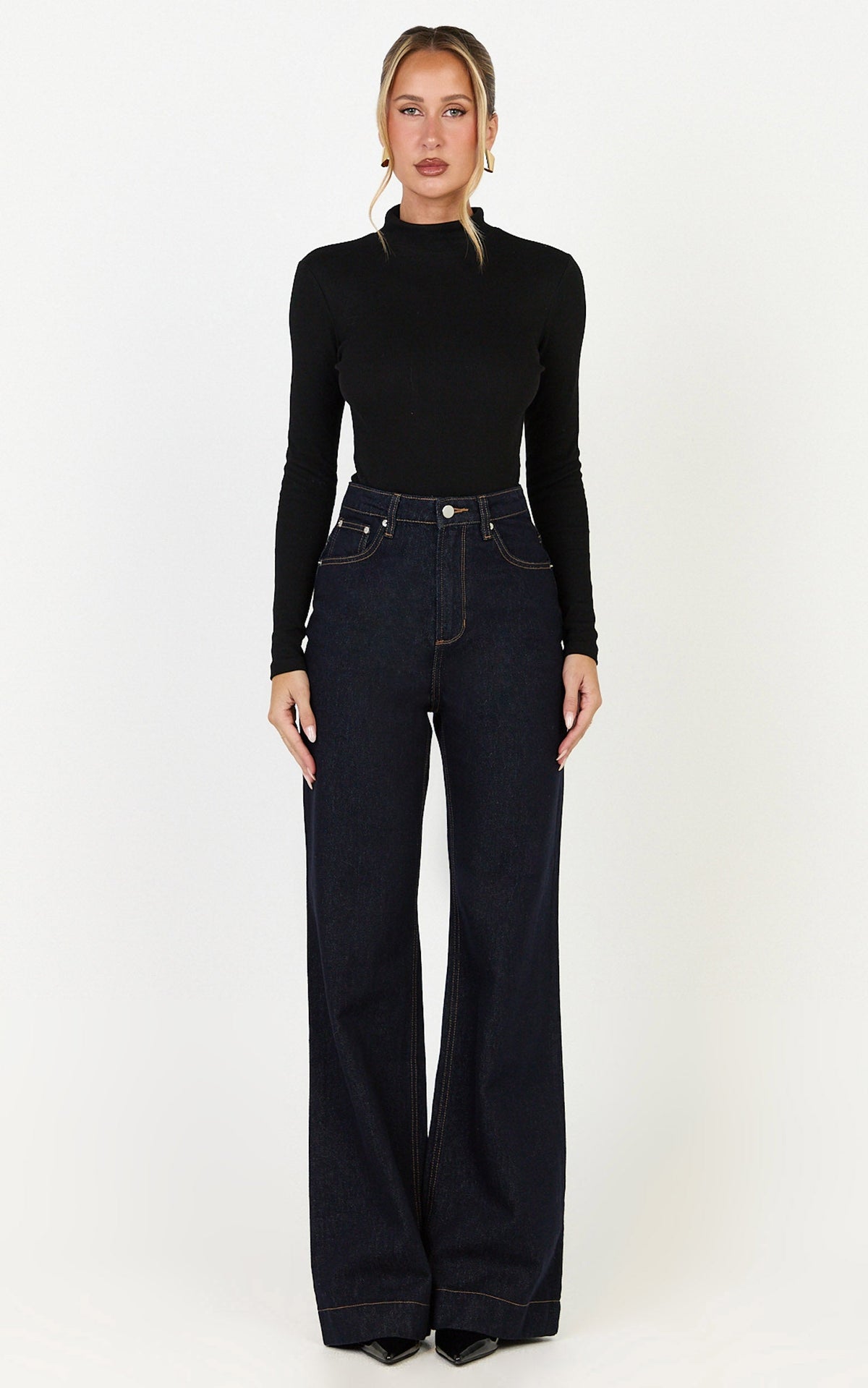 Emman Jeans - High Waisted Cotton Wide Leg Denim Jeans in Raw Denim with Tobacco Stitch