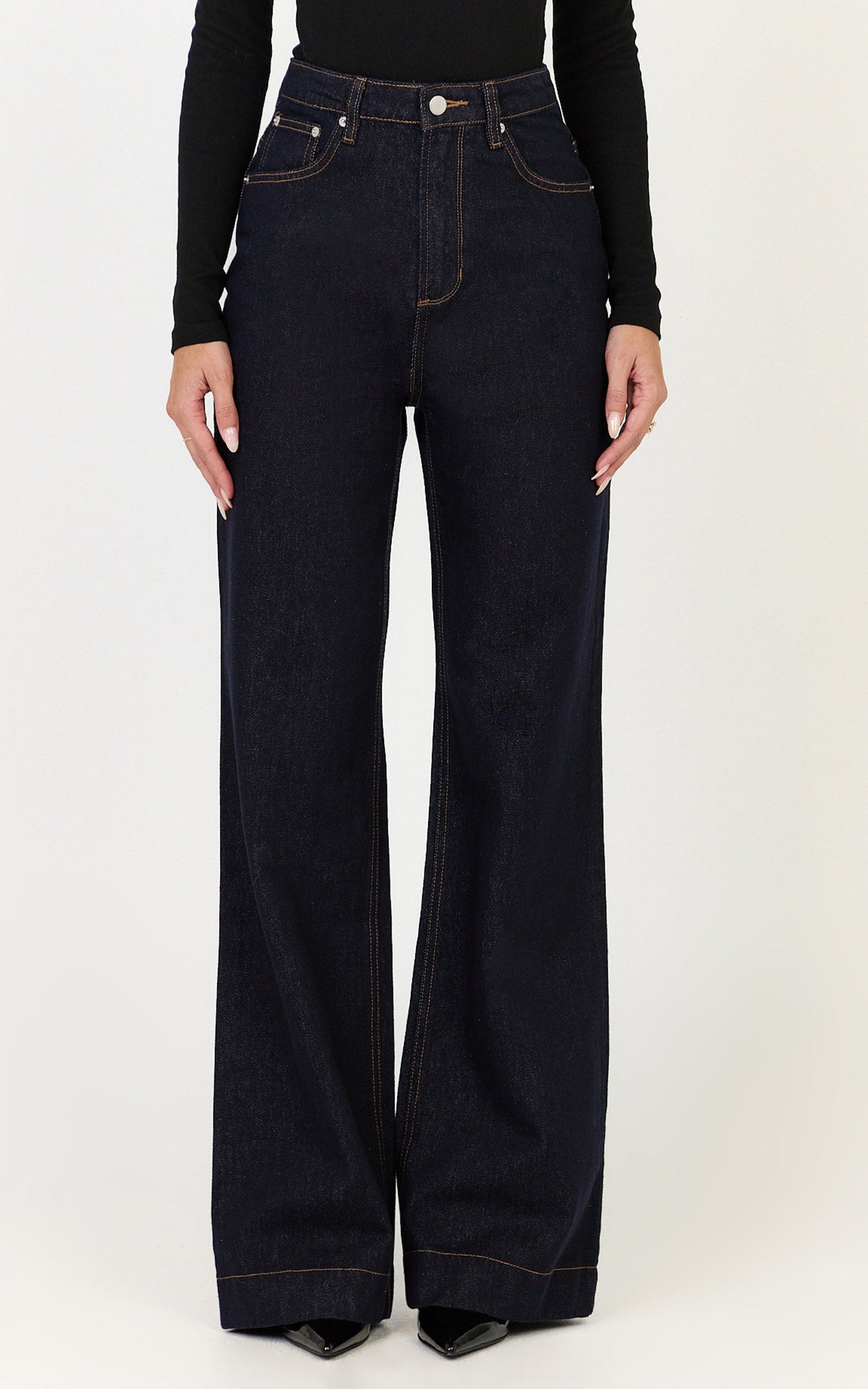 Emman Jeans - High Waisted Cotton Wide Leg Denim Jeans in Raw Denim with Tobacco Stitch