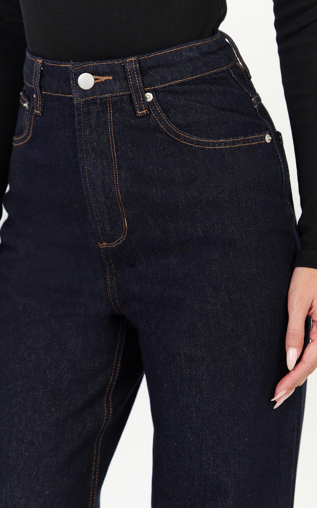 Emman Jeans - High Waisted Cotton Wide Leg Denim Jeans in Raw Denim with Tobacco Stitch