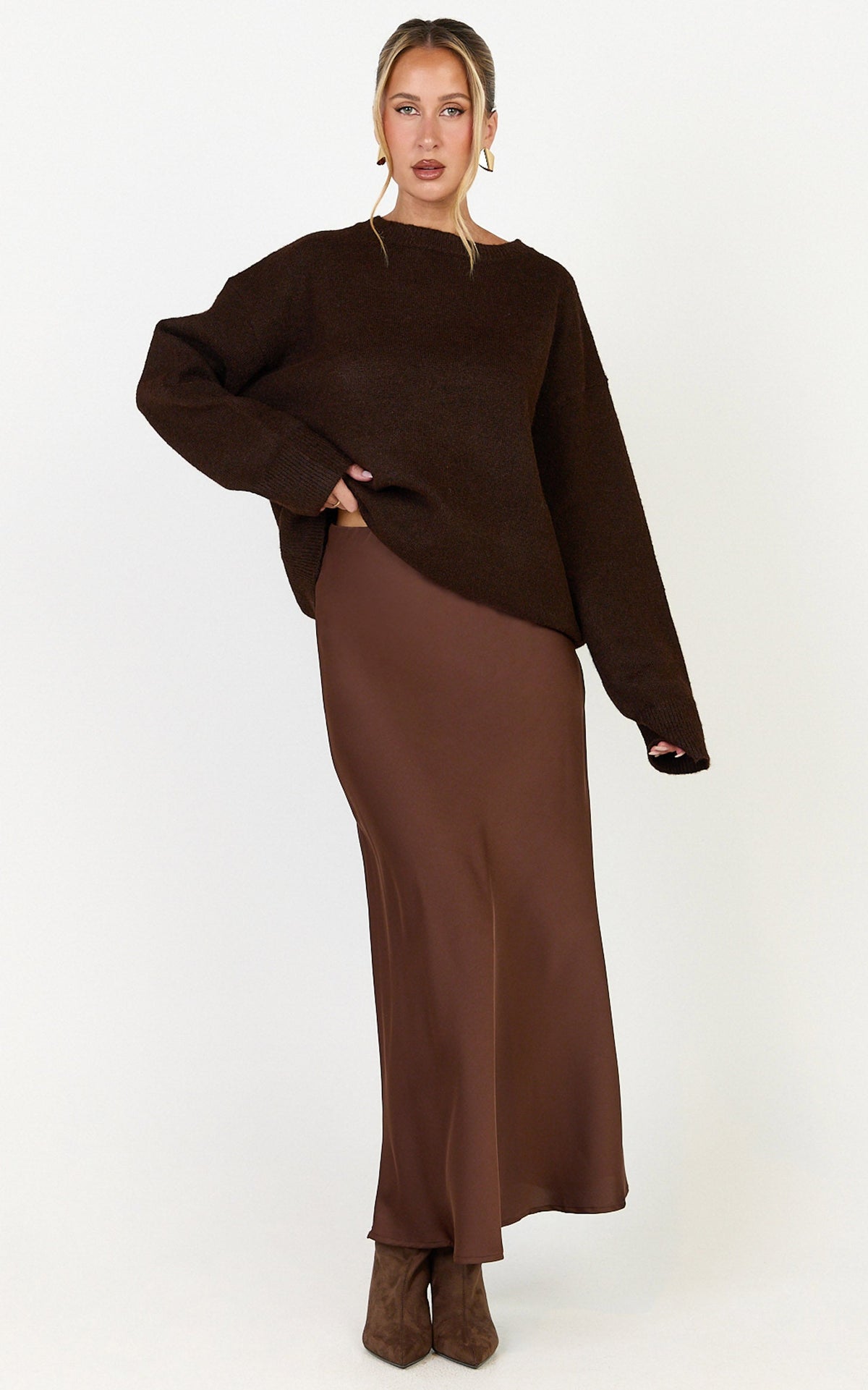 Amari Maxi Skirt - High Waisted Bias Cut Skirt in Chocolate