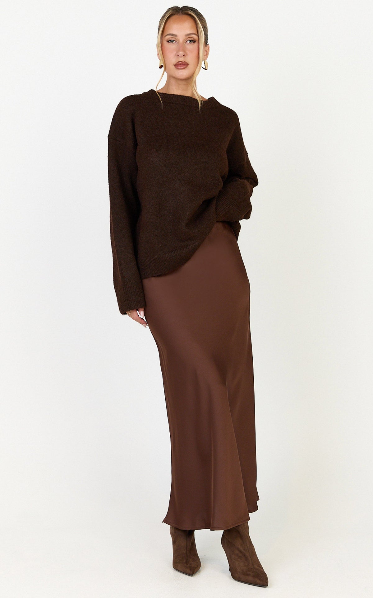 Amari Maxi Skirt - High Waisted Bias Cut Skirt in Chocolate