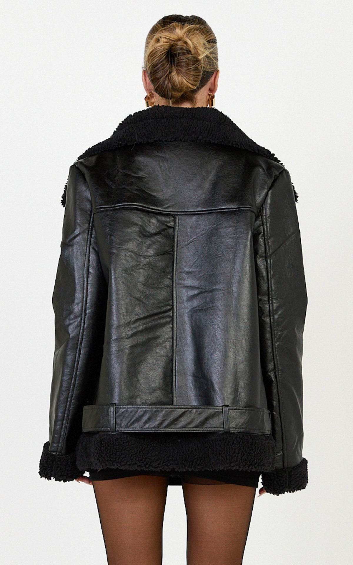 Isolde Jacket - Faux Leather Shearling Biker Jacket in Black Base with Black Borg