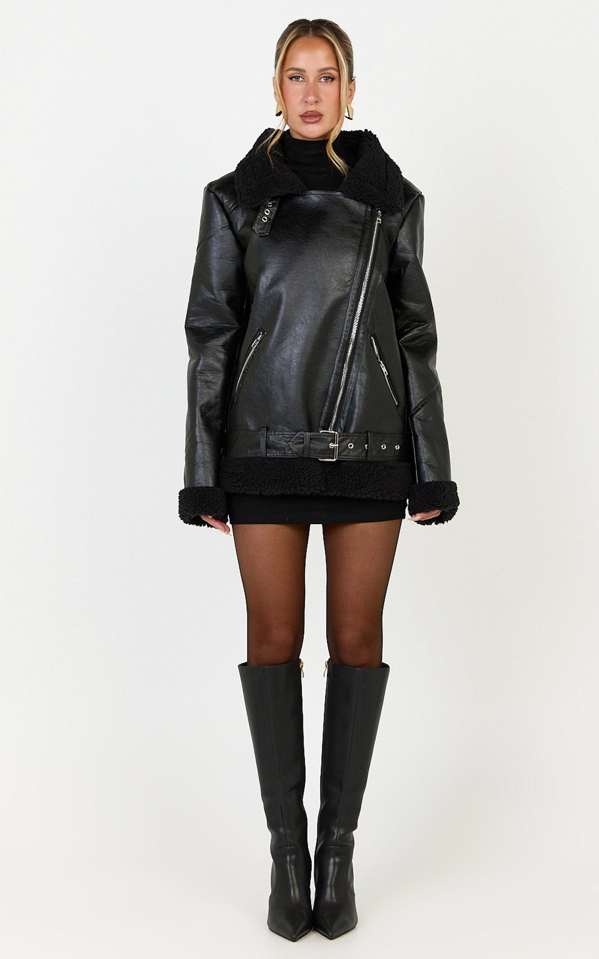 Isolde Jacket - Faux Leather Shearling Biker Jacket in Black Base with Black Borg