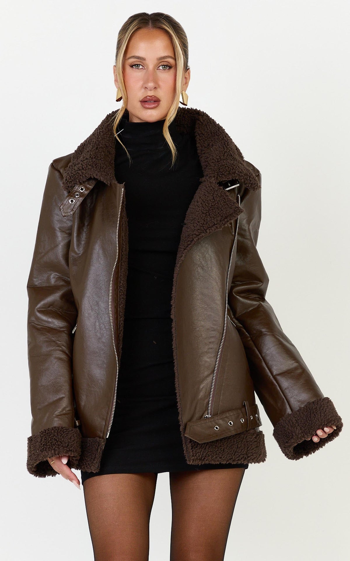 Isolde Jacket - Faux Leather Shearling Biker Jacket in Dark Chocolate