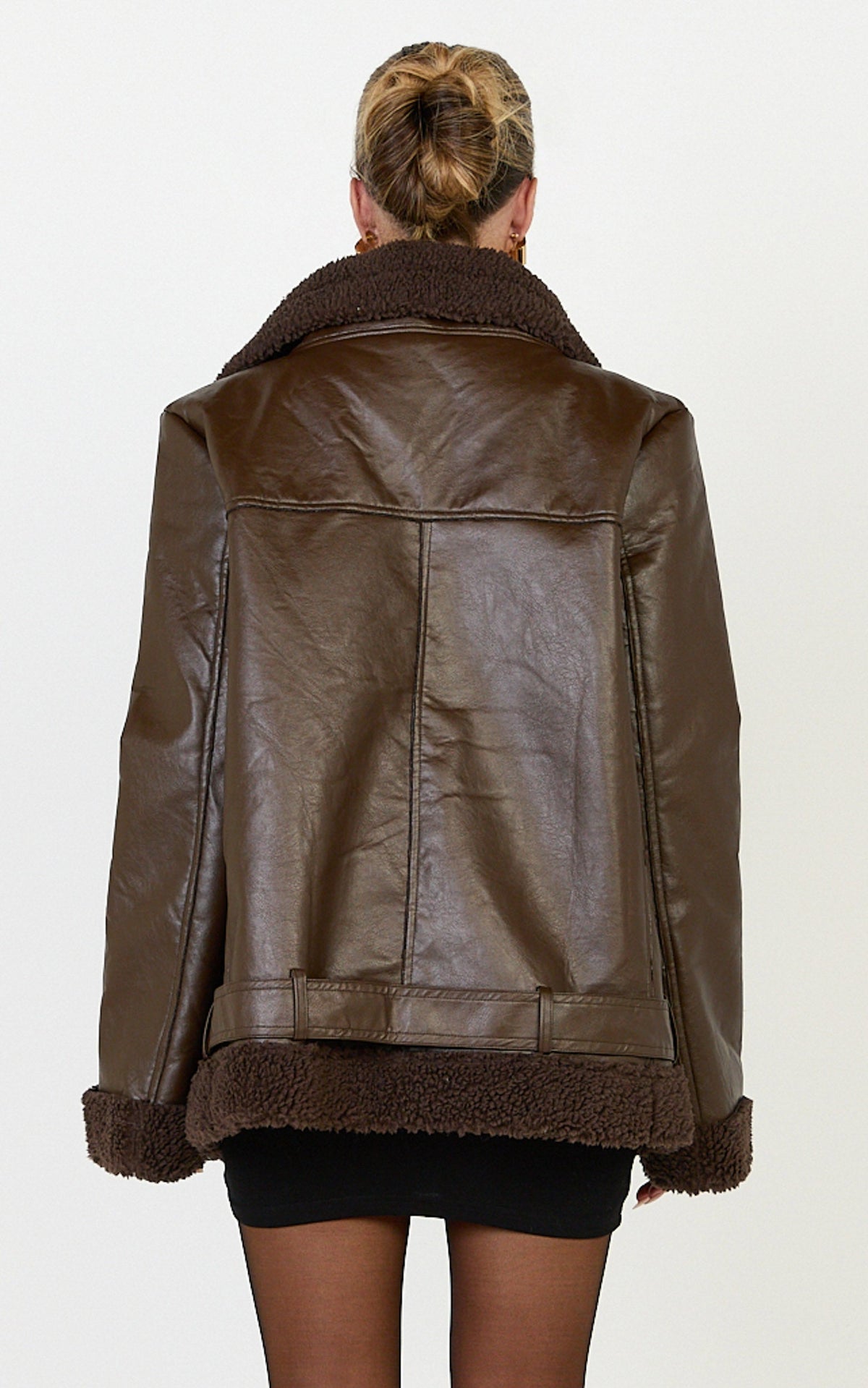 Isolde Jacket - Faux Leather Shearling Biker Jacket in Dark Chocolate