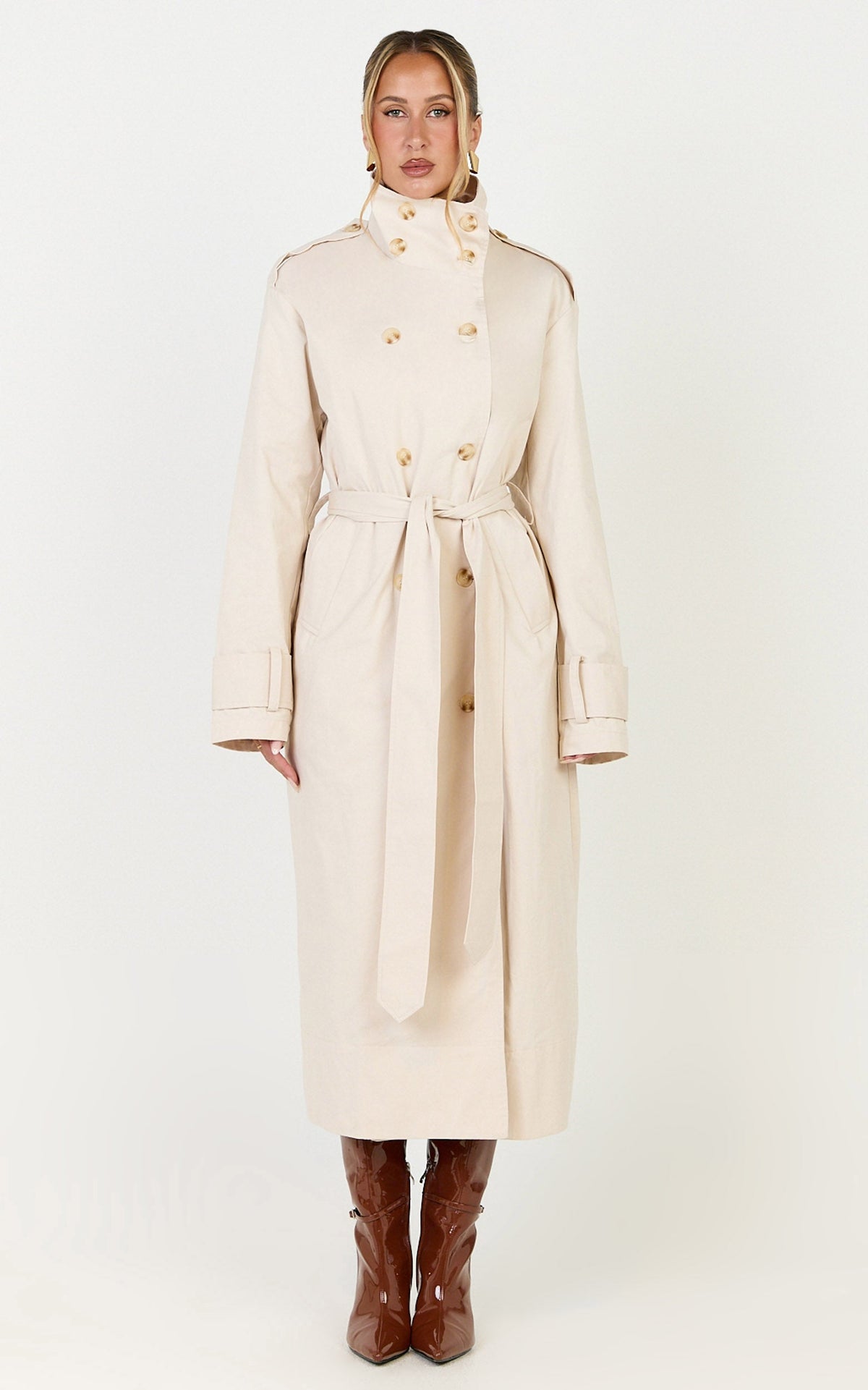 Isla Coat - Funnel Neck Double Breasted Longline Trench Coat in Stone