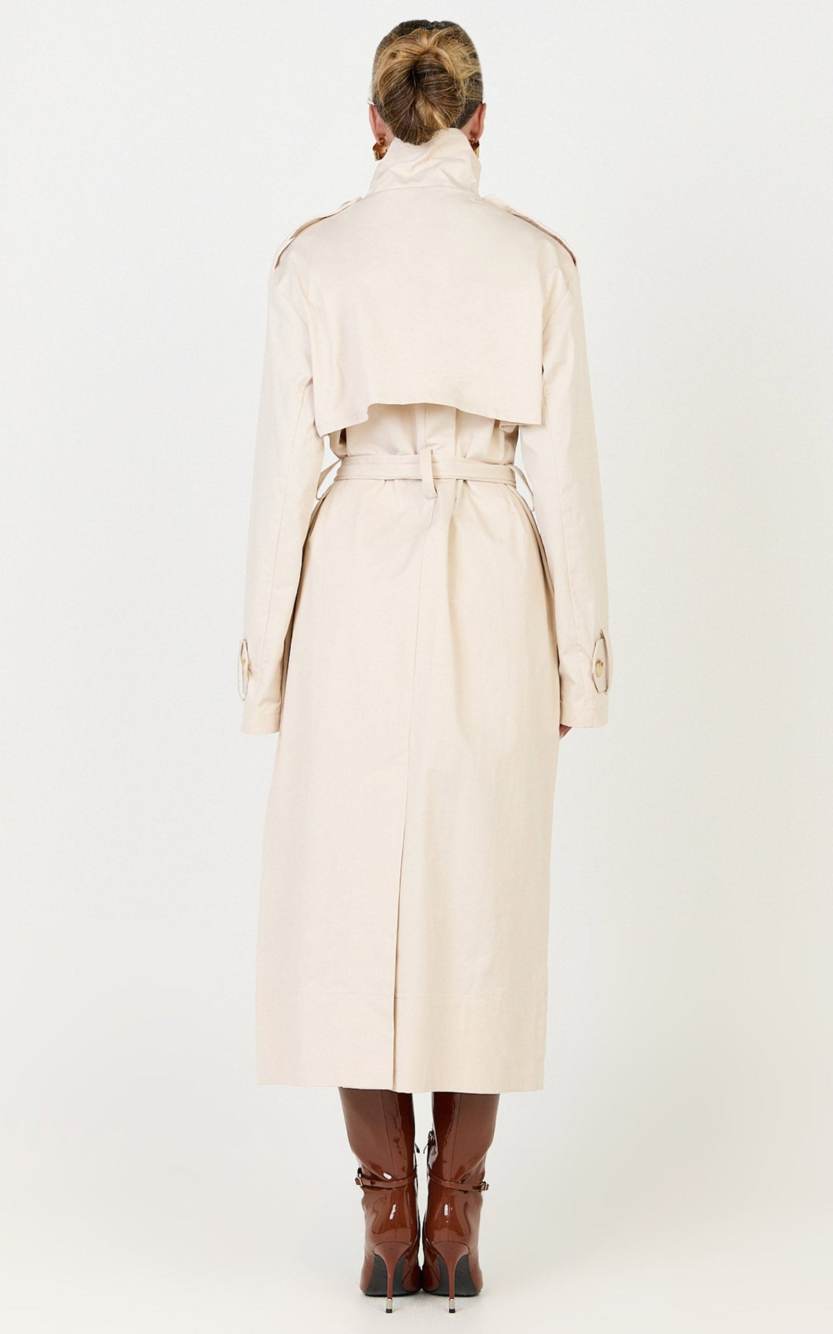 Isla Coat - Funnel Neck Double Breasted Longline Trench Coat in Stone