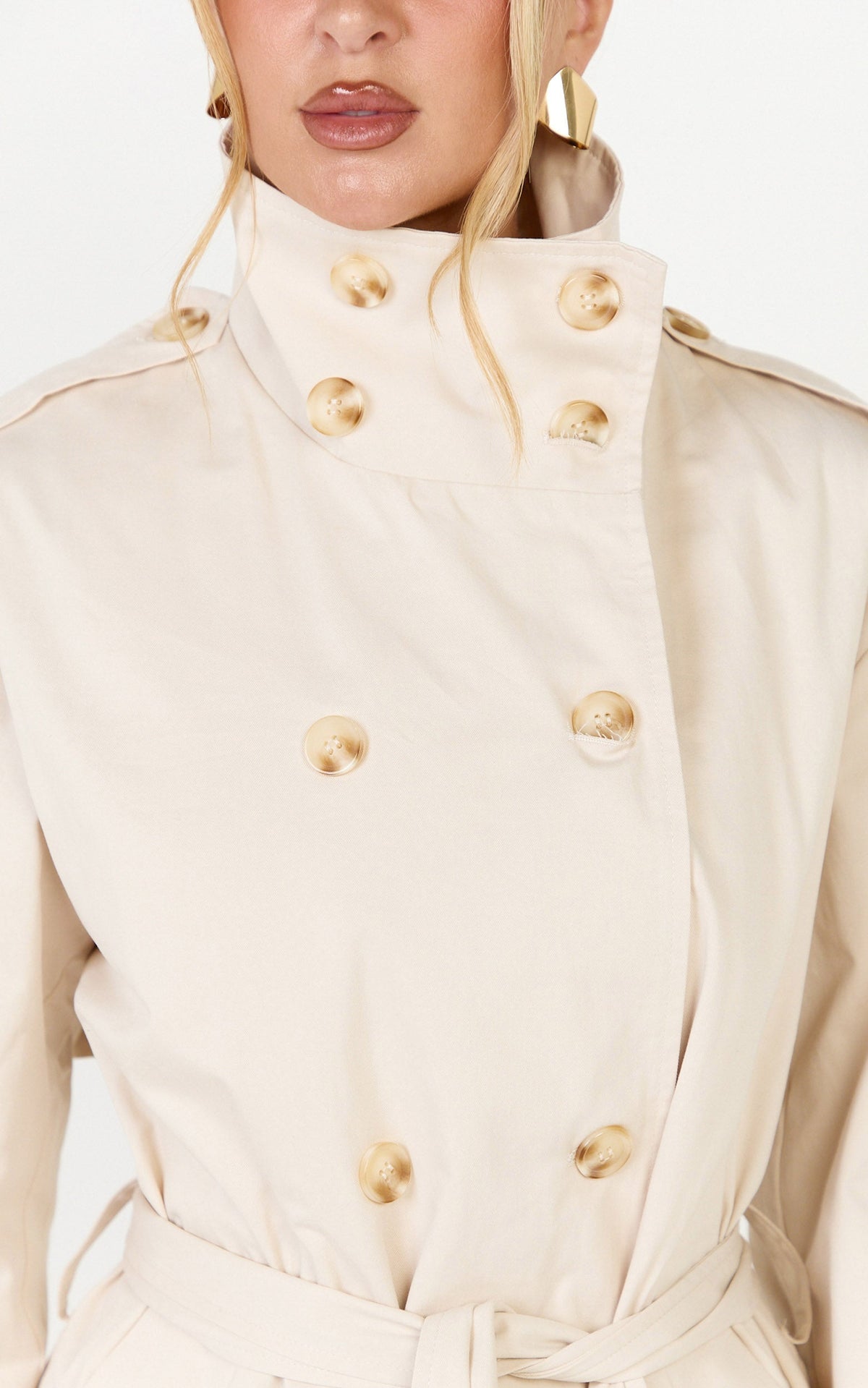 Isla Coat - Funnel Neck Double Breasted Longline Trench Coat in Stone