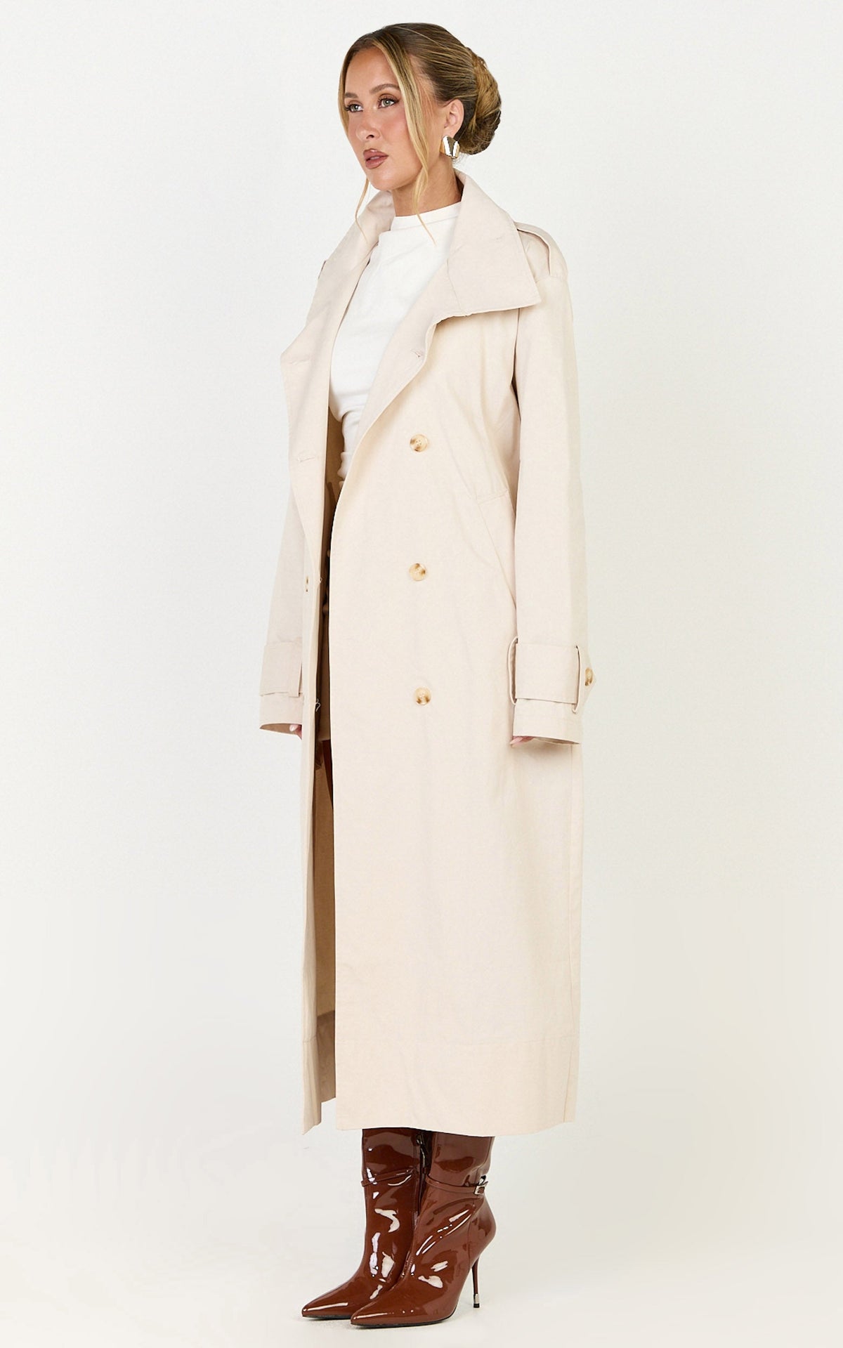 Isla Coat - Funnel Neck Double Breasted Longline Trench Coat in Stone