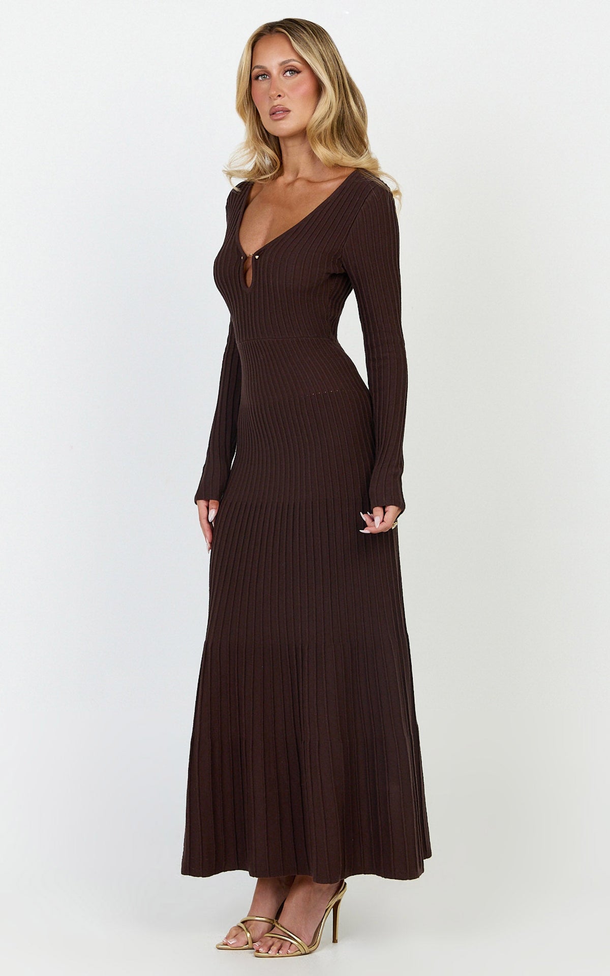 Maris Midi Dress - Keyhole and Hardware Neckline Long Sleeve Flared Dress in Choc