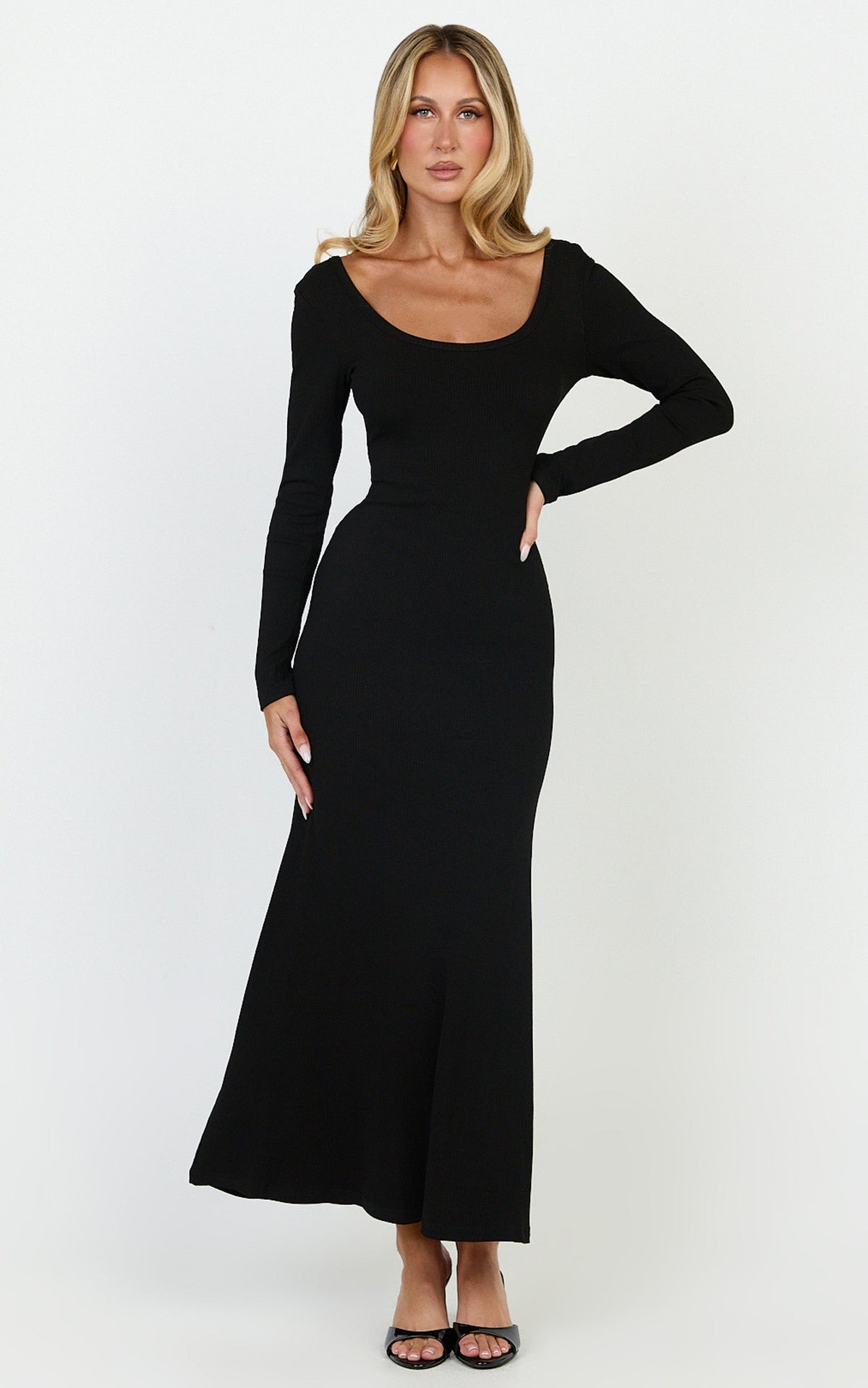 Gabriella Maxi Dress - Long Sleeve Scoop Neck Dress in Black