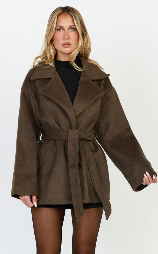 Dahlia Coat - Single Breasted Belted Short Wool Like Coat in Dark Chocolate