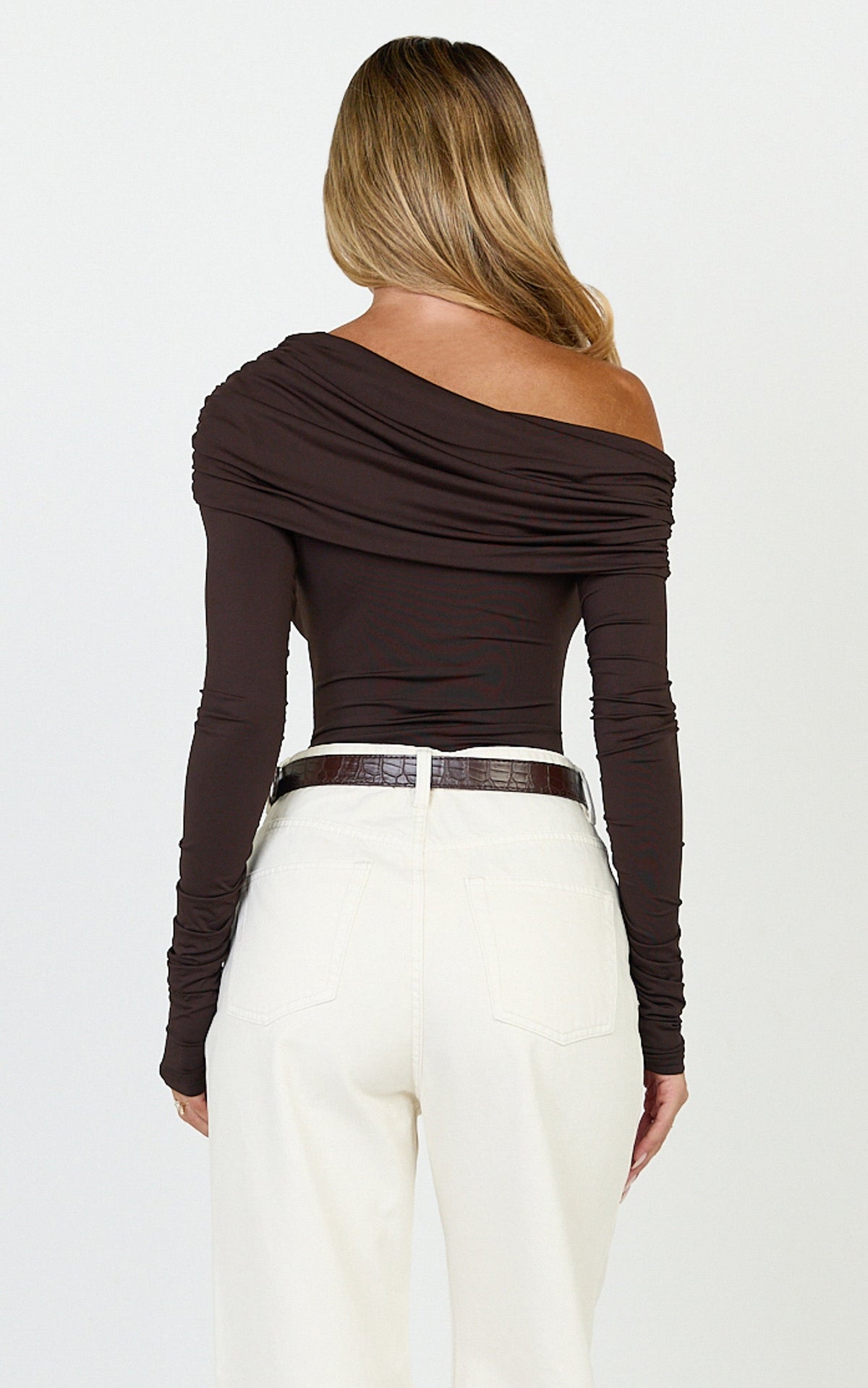 Hallie Bodysuit - One Shoulder Draped Long Sleeve Bodysuit in Chocolate