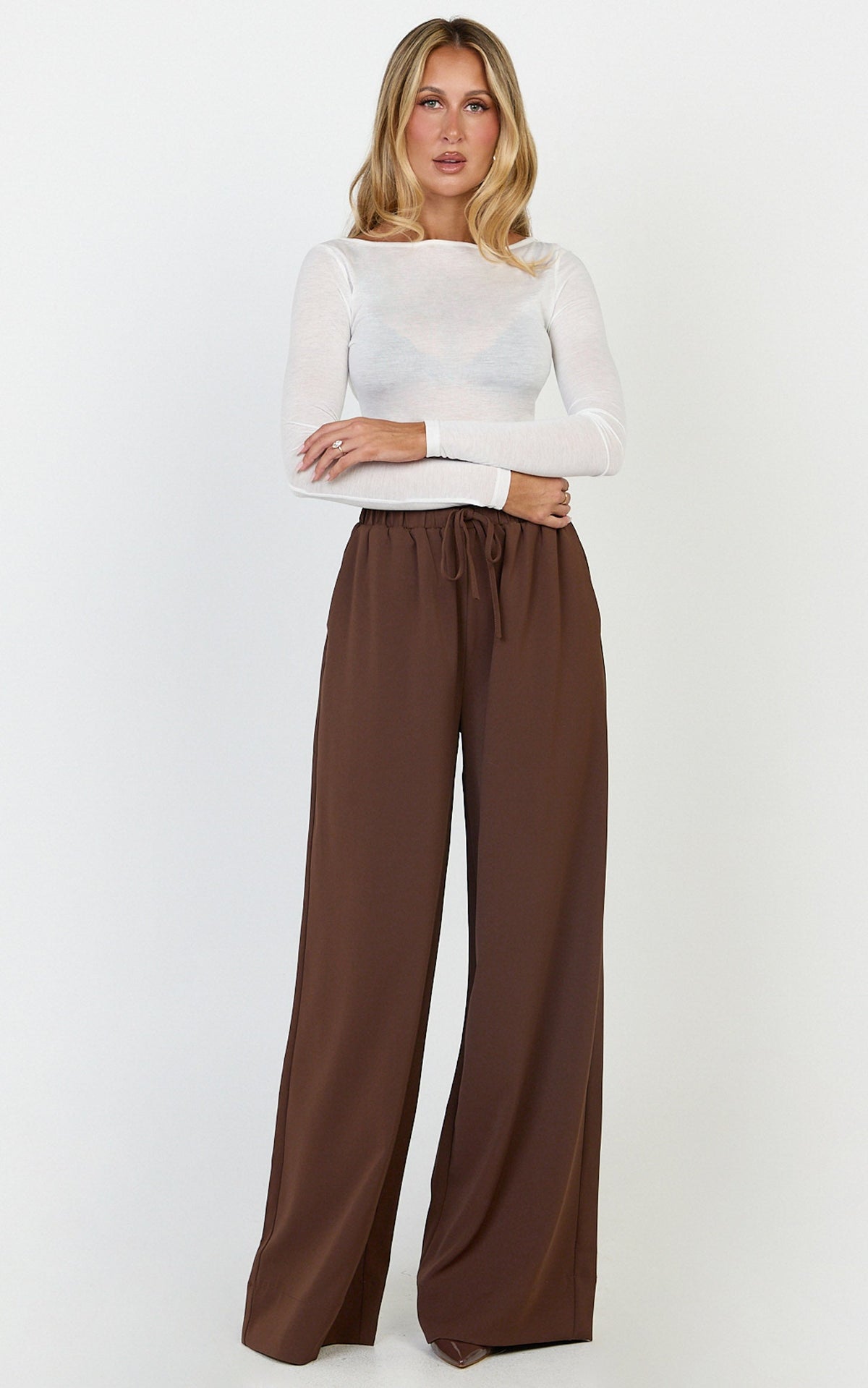 Nicole Pants - High Waist Elasticated Gathered Waist Wide Leg Pants in Mocha