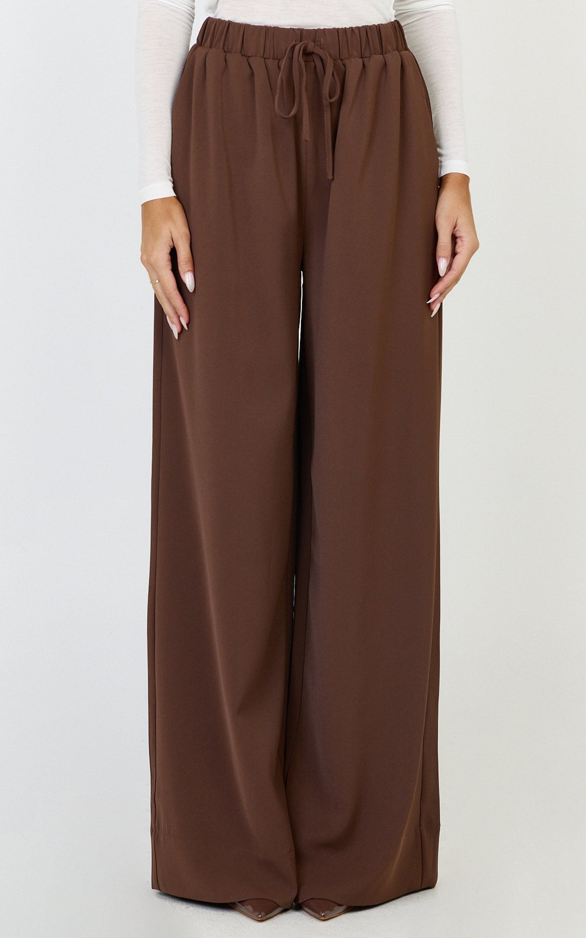 Nicole Pants - High Waist Elasticated Gathered Waist Wide Leg Pants in Mocha