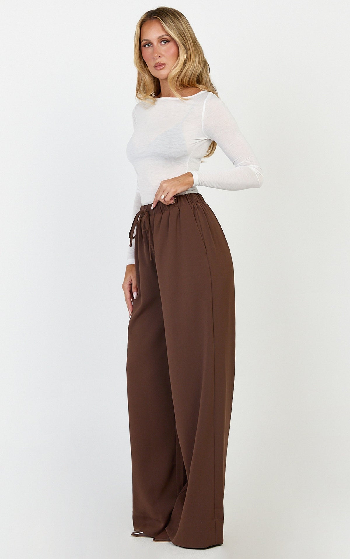 Nicole Pants - High Waist Elasticated Gathered Waist Wide Leg Pants in Mocha