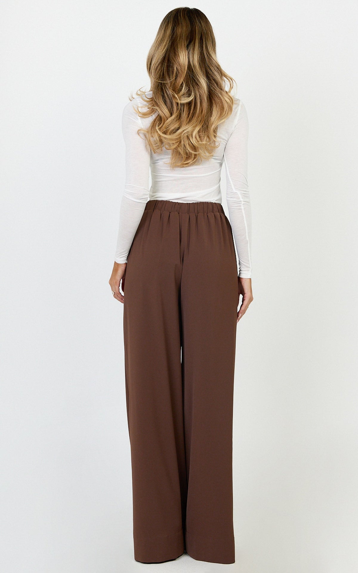 Nicole Pants - High Waist Elasticated Gathered Waist Wide Leg Pants in Mocha