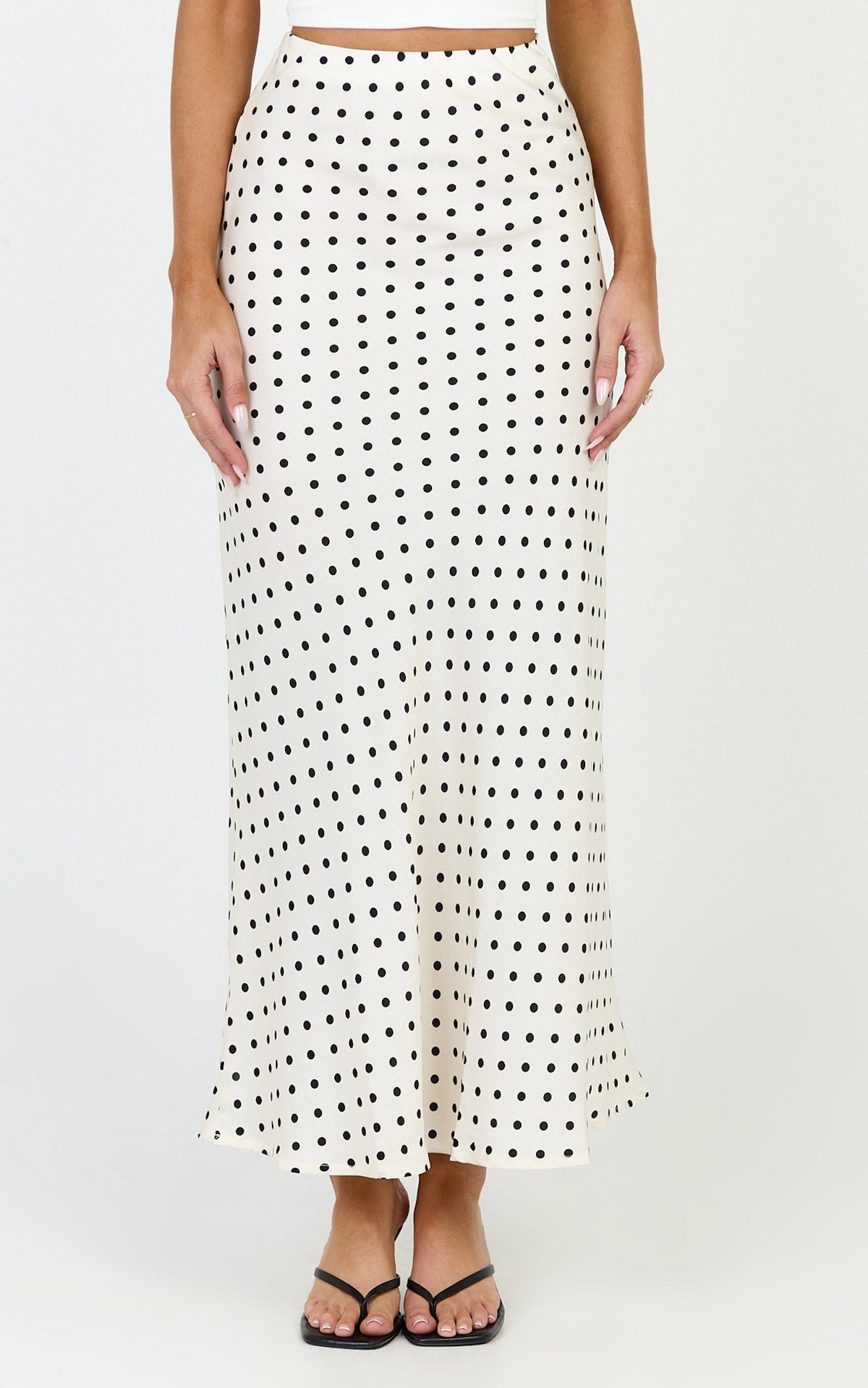 Amari Maxi Skirt - High Waisted Bias Cut Skirt in Cream and Black Polka