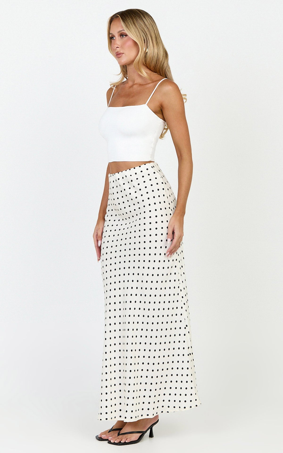 Amari Maxi Skirt - High Waisted Bias Cut Skirt in Cream and Black Polka