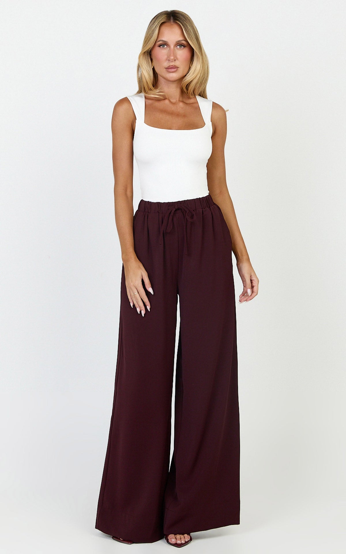 Nicole Pants - High Waist Elasticated Gathered Waist Wide Leg Pants in Wine