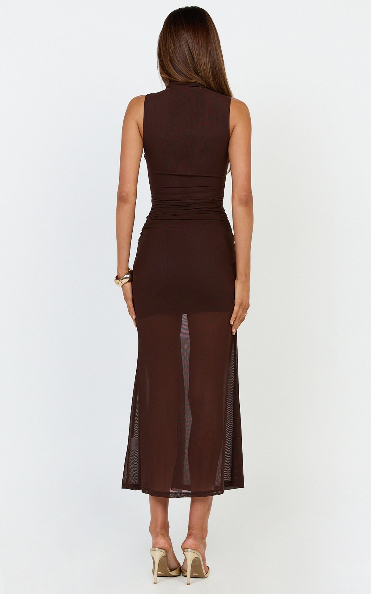 Jaimae Midi Dress - High Neck Side Knot Detail Mesh Dress in Chocolate