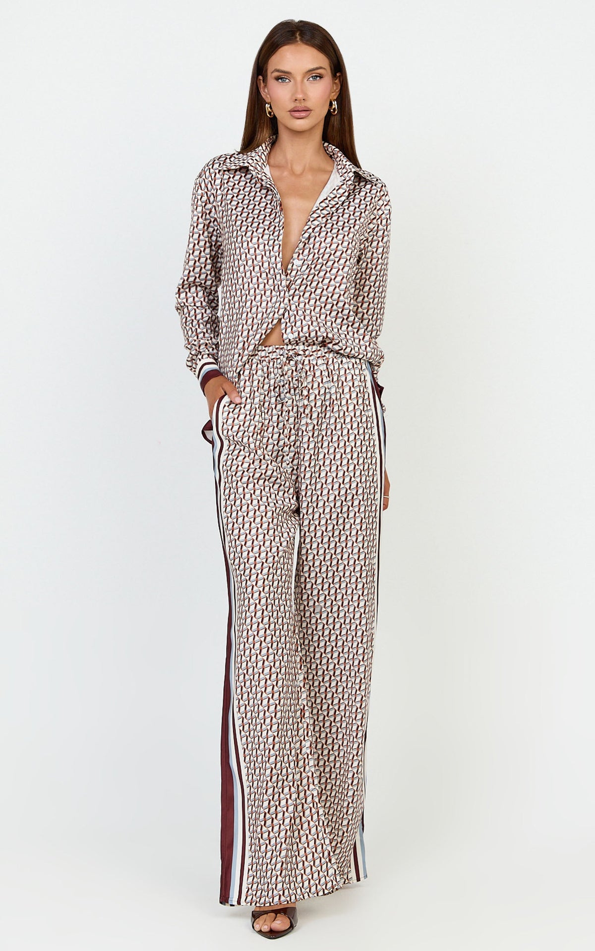 Noelle Top - Geo Border Print Button Front Long Sleeve Shirt in Geo Border Print