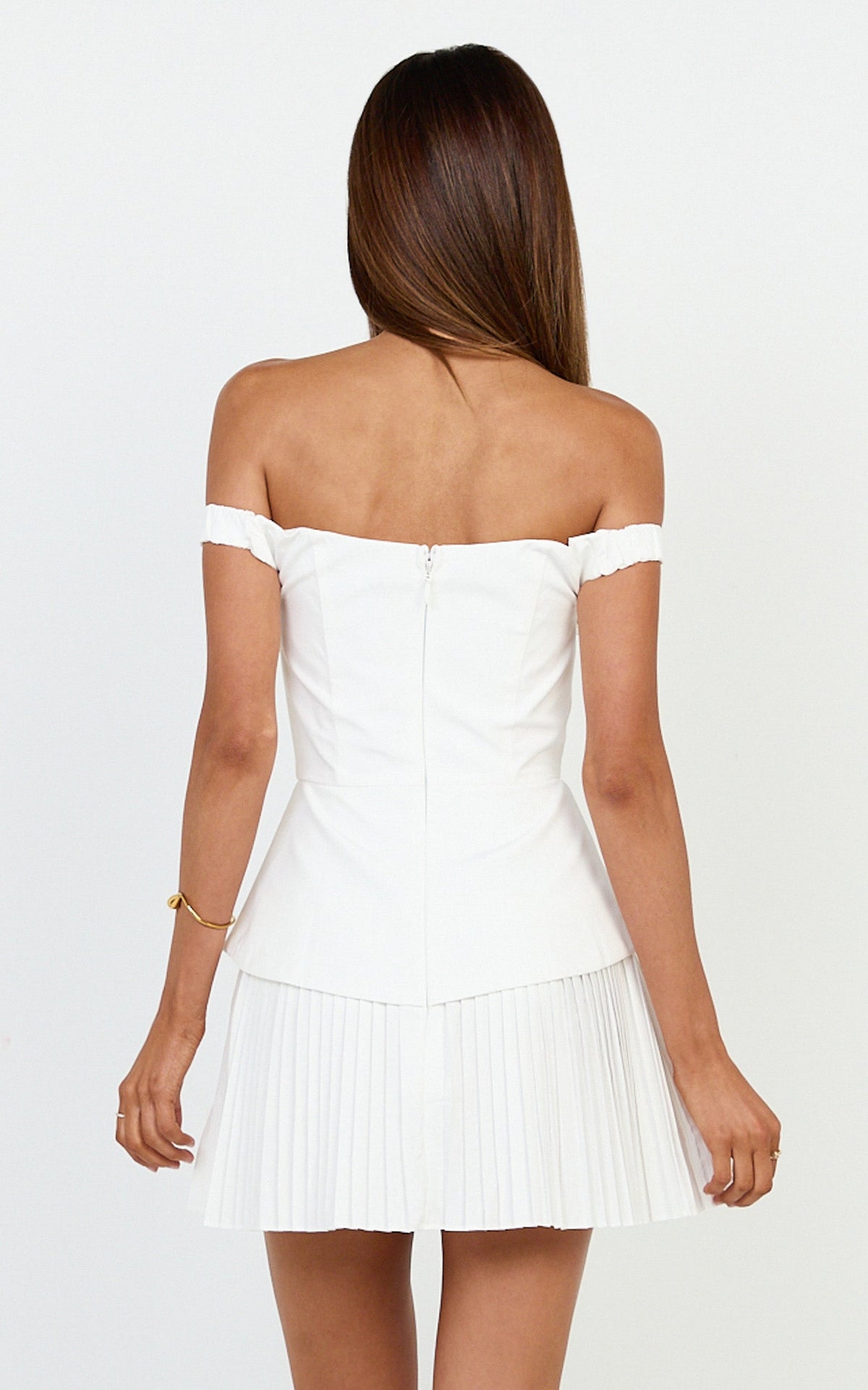 Izara Mini Dress - Off Shoulder Pleated Dress in Off White