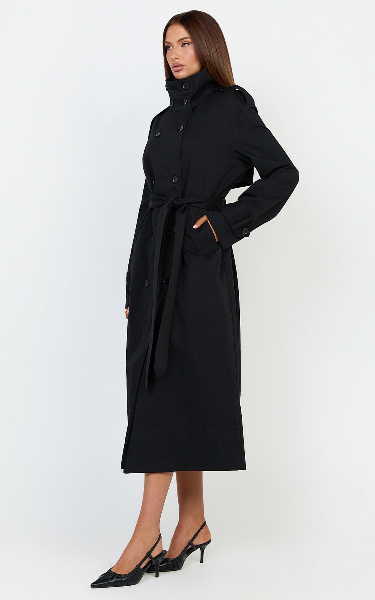 Isla Coat - Funnel Neck Double Breasted Longline Trench Coat in Black