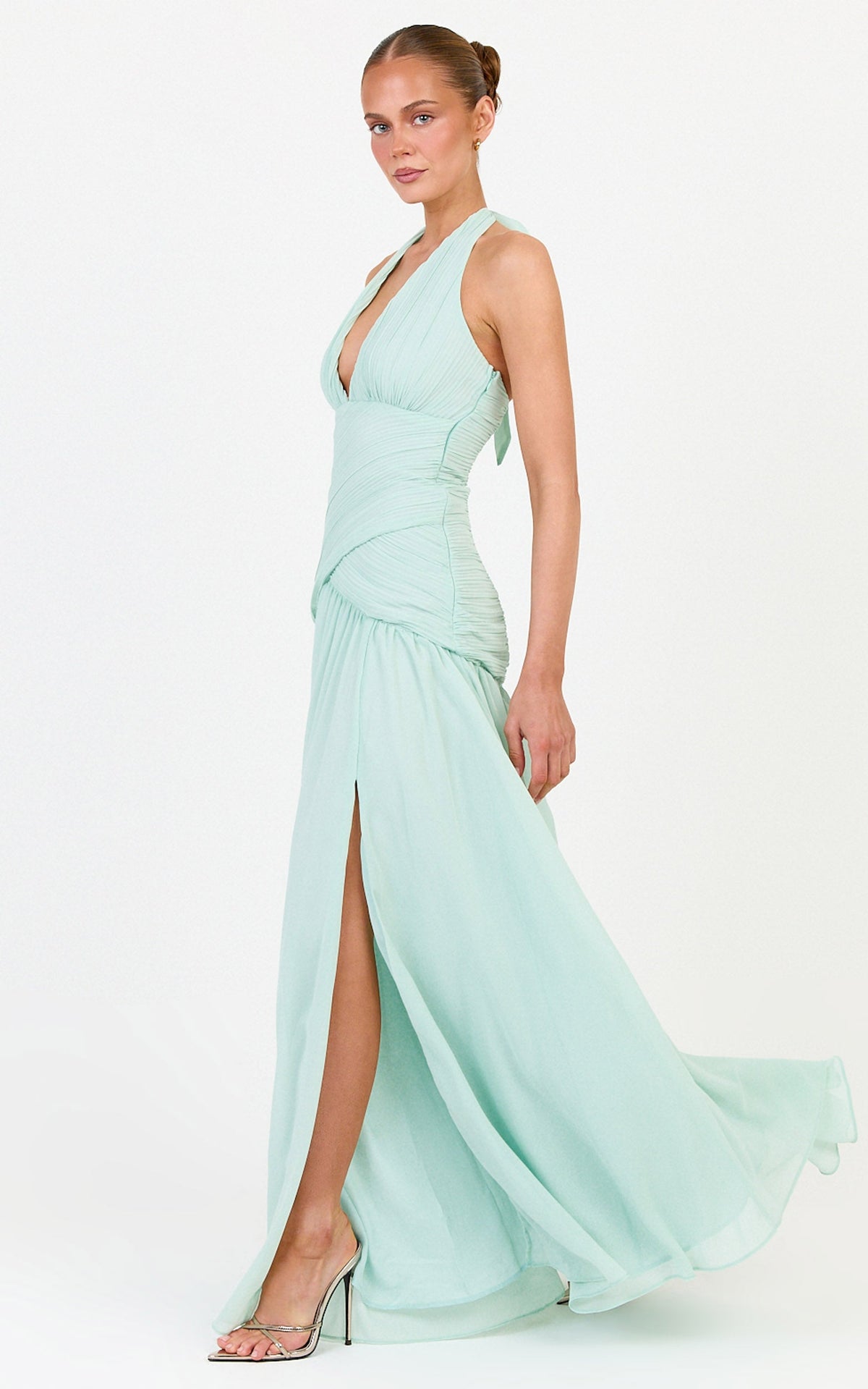 Zadie Maxi Dress - Plunge Halter Neck Dropped Cross Waist Dress in Mint