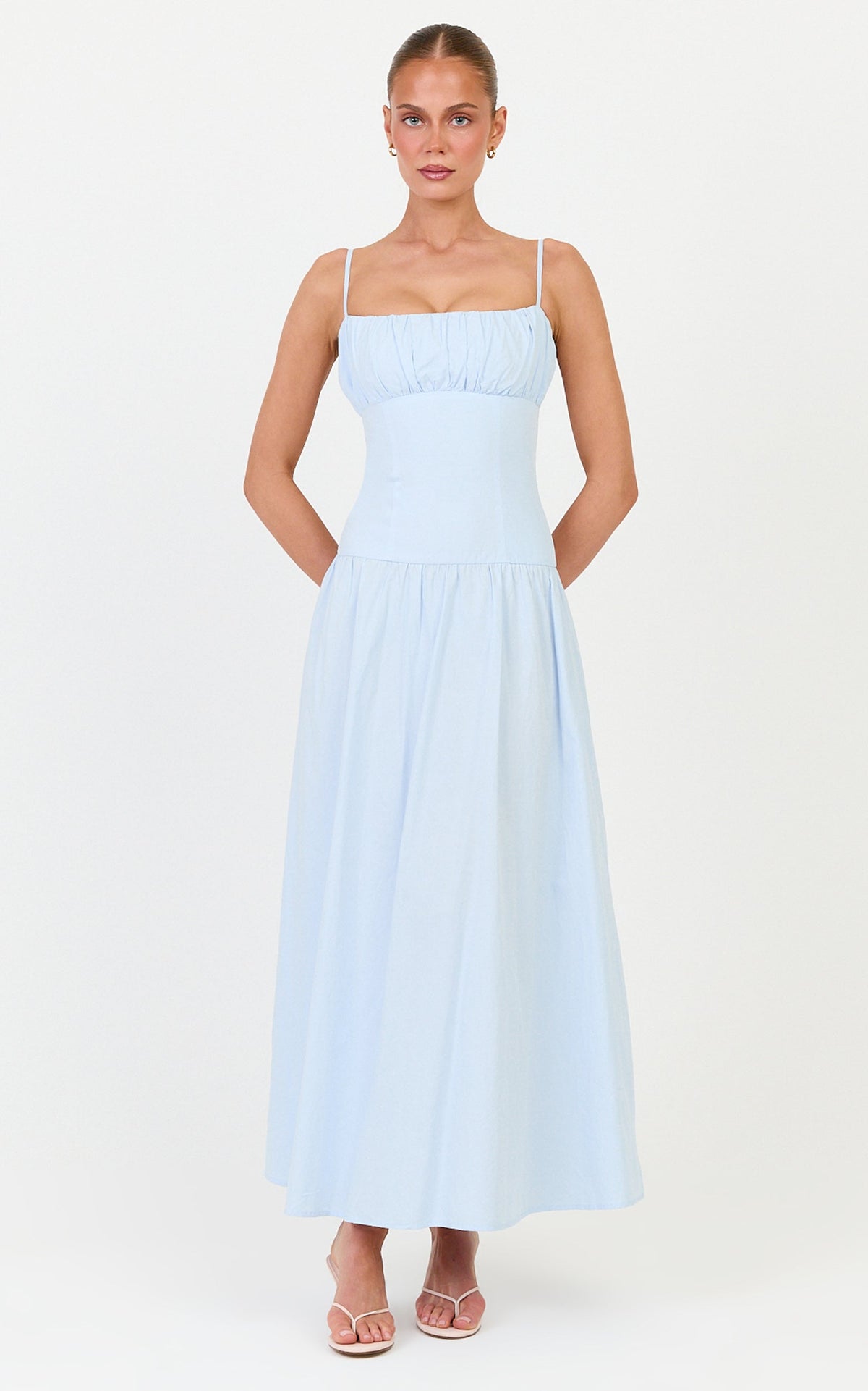 Amira Midi Dress - Gathered Bust Dropped Waist Dress in Pale Blue