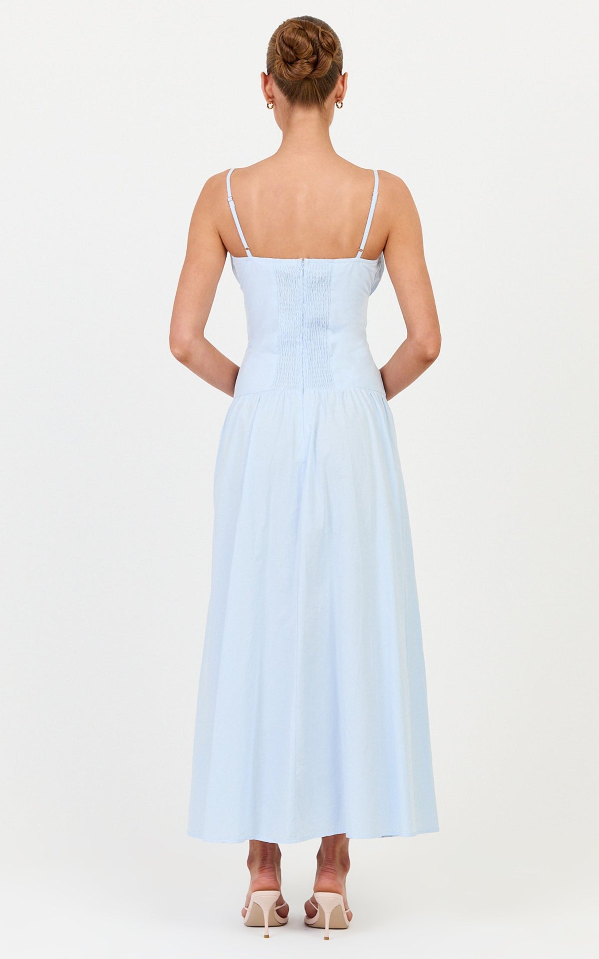 Amira Midi Dress - Gathered Bust Dropped Waist Dress in Pale Blue