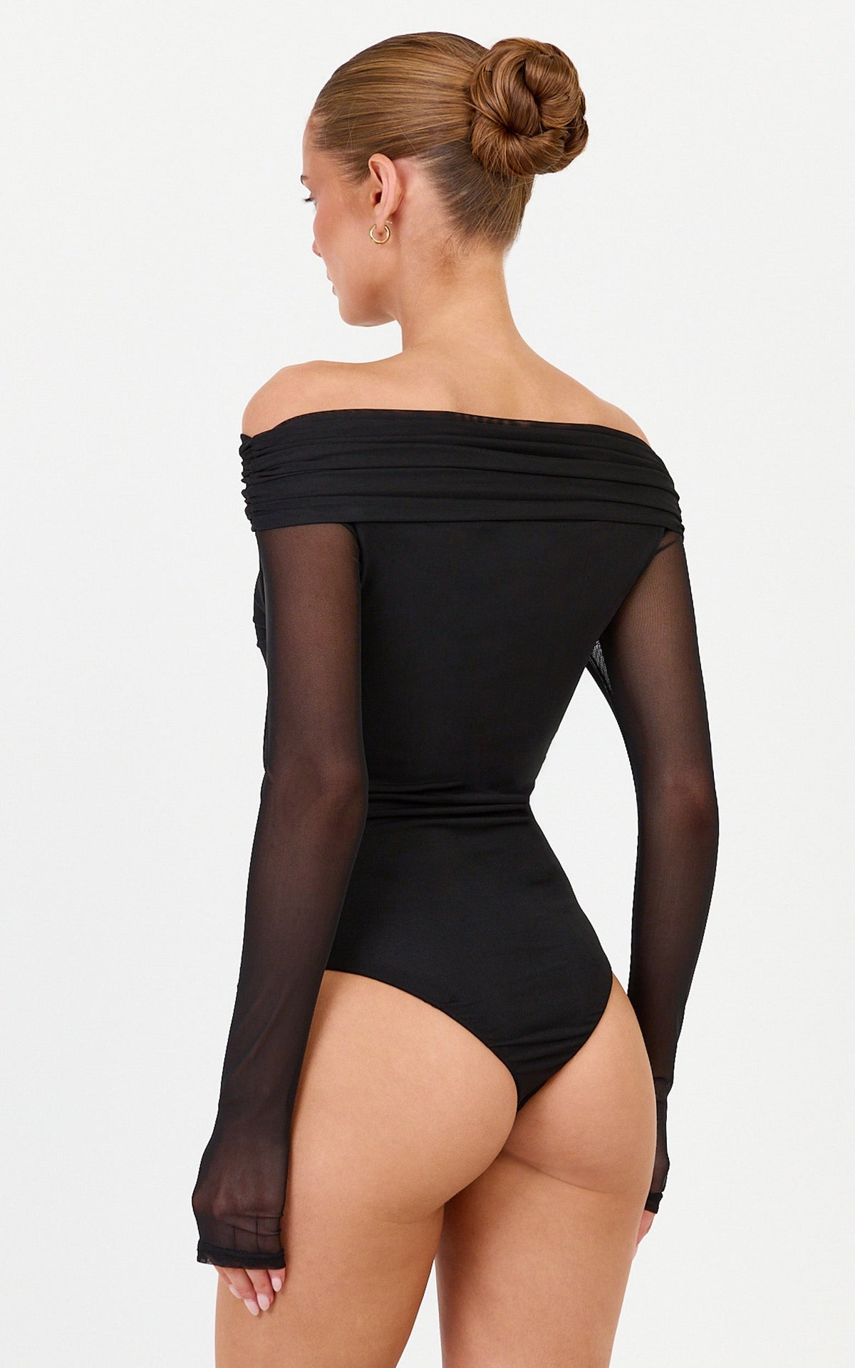 Amy Bodysuit - Off The Shoulder Long Sleeve Bodysuit with Twist Neck Detail in Black