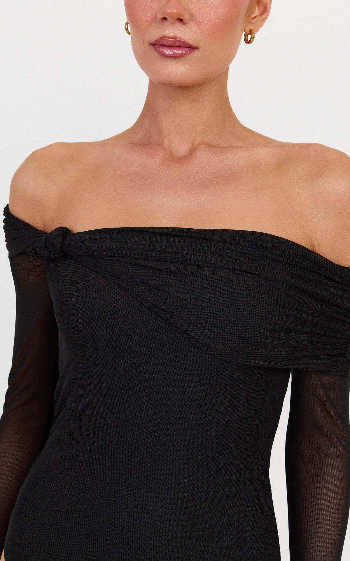 Amy Bodysuit - Off The Shoulder Long Sleeve Bodysuit with Twist Neck Detail in Black