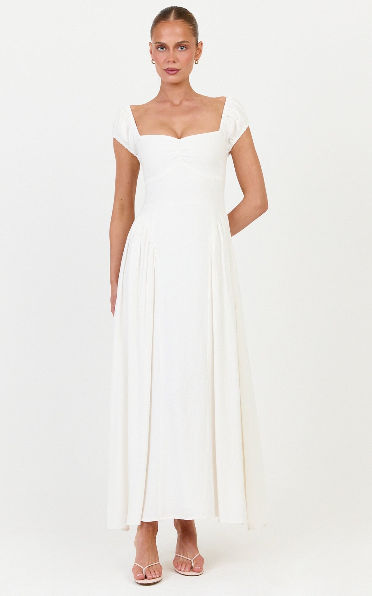 Astrid Midi Dress - Sweetheart Neckline Capped Sleeve Dress in Off White