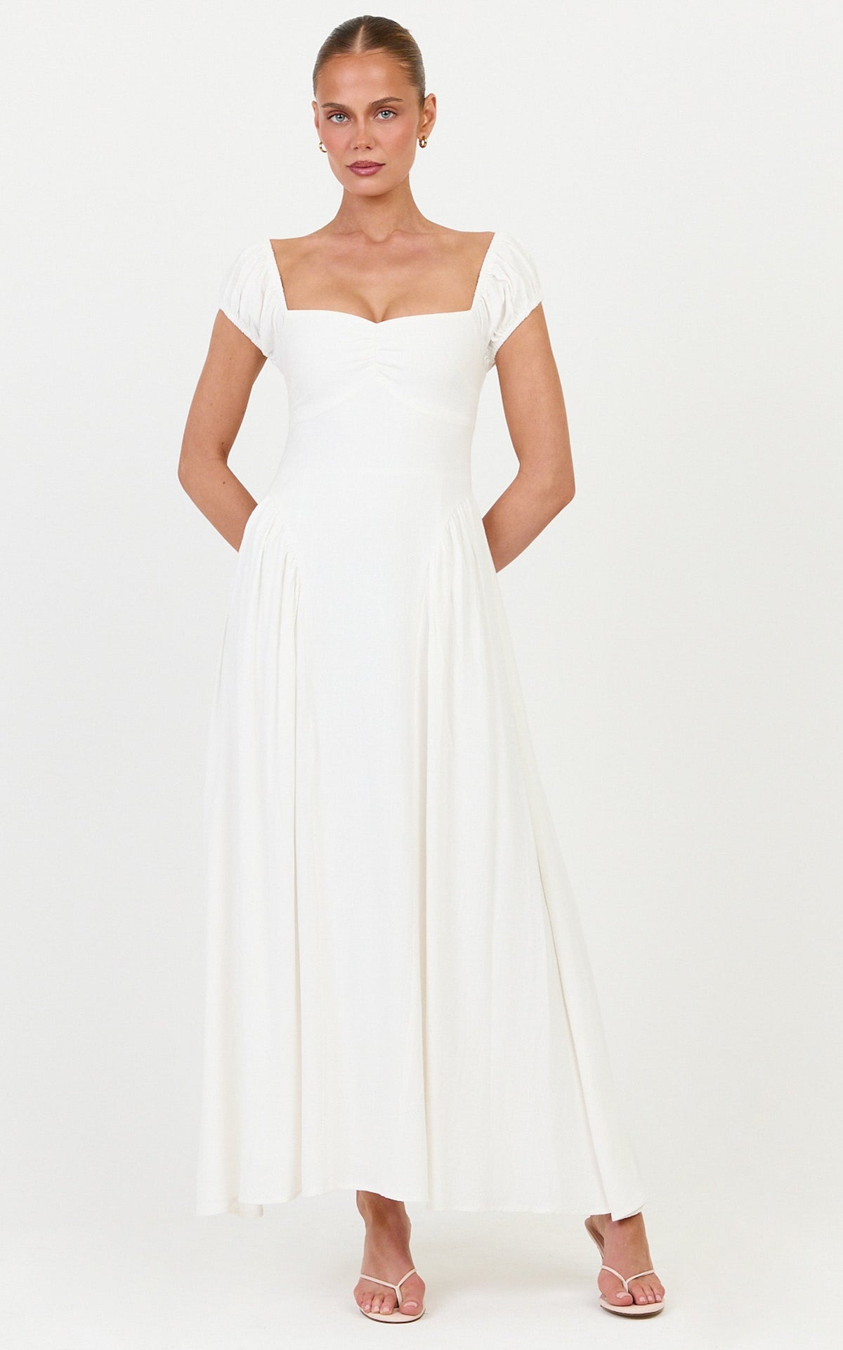 Astrid Midi Dress - Sweetheart Neckline Capped Sleeve Dress in Off White