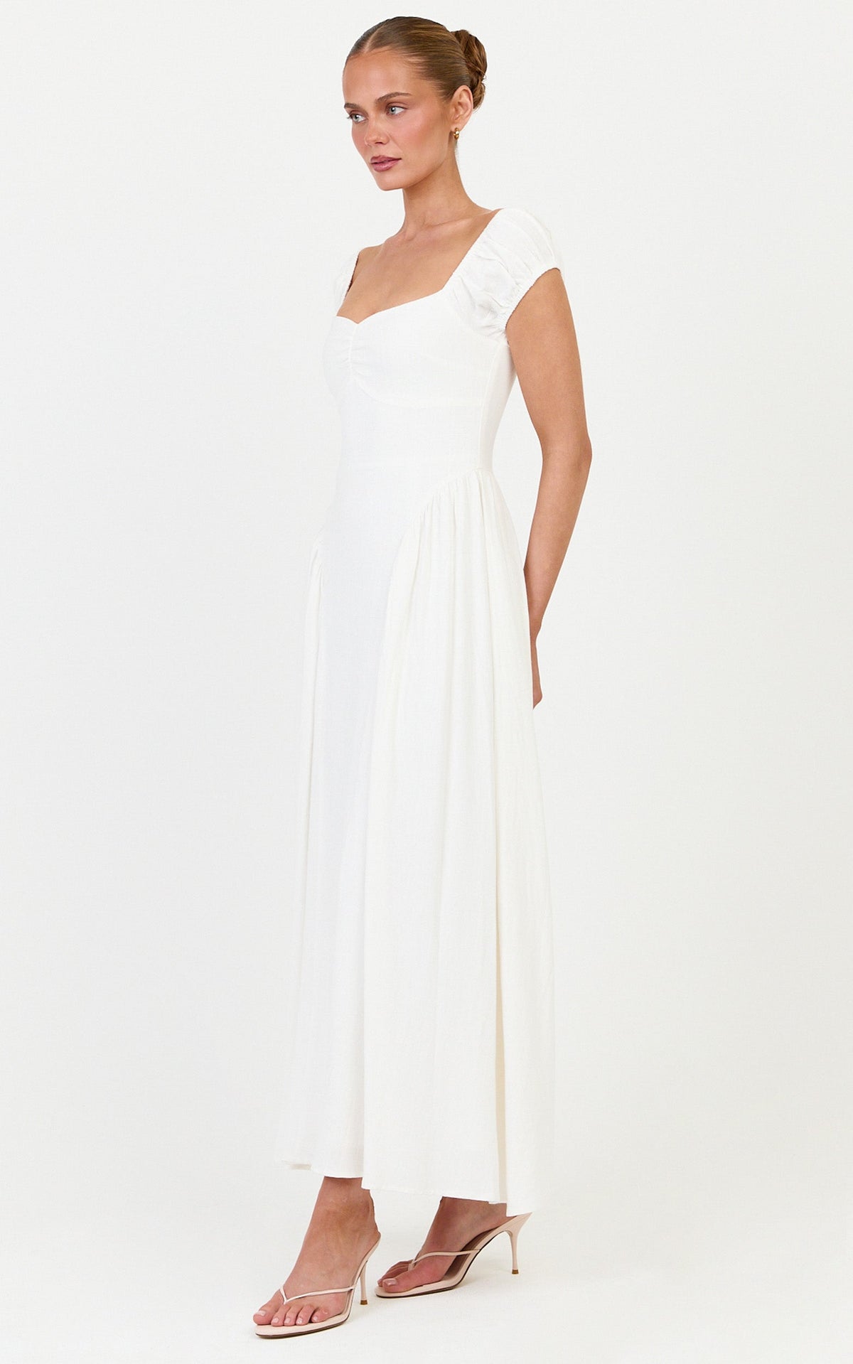 Astrid Midi Dress - Sweetheart Neckline Capped Sleeve Dress in Off White