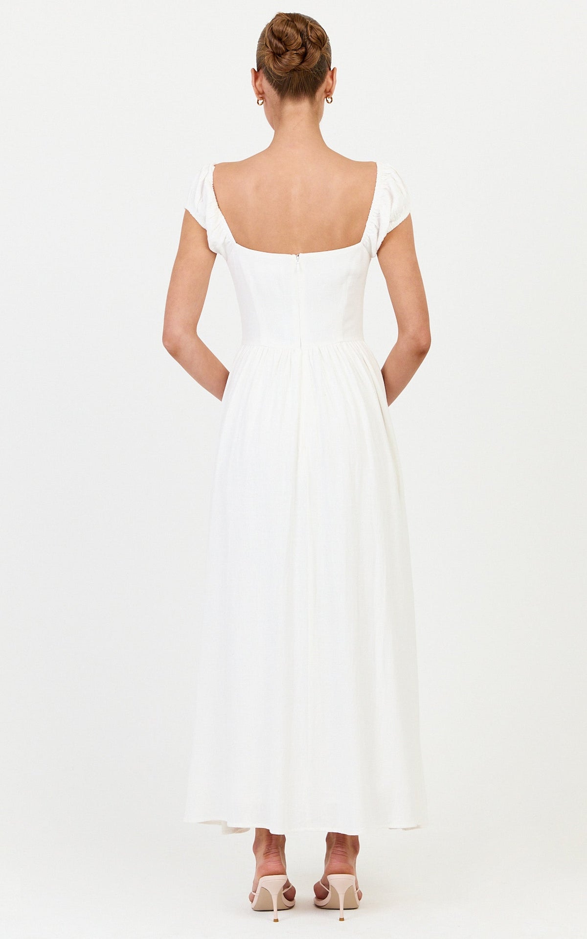 Astrid Midi Dress - Sweetheart Neckline Capped Sleeve Dress in Off White